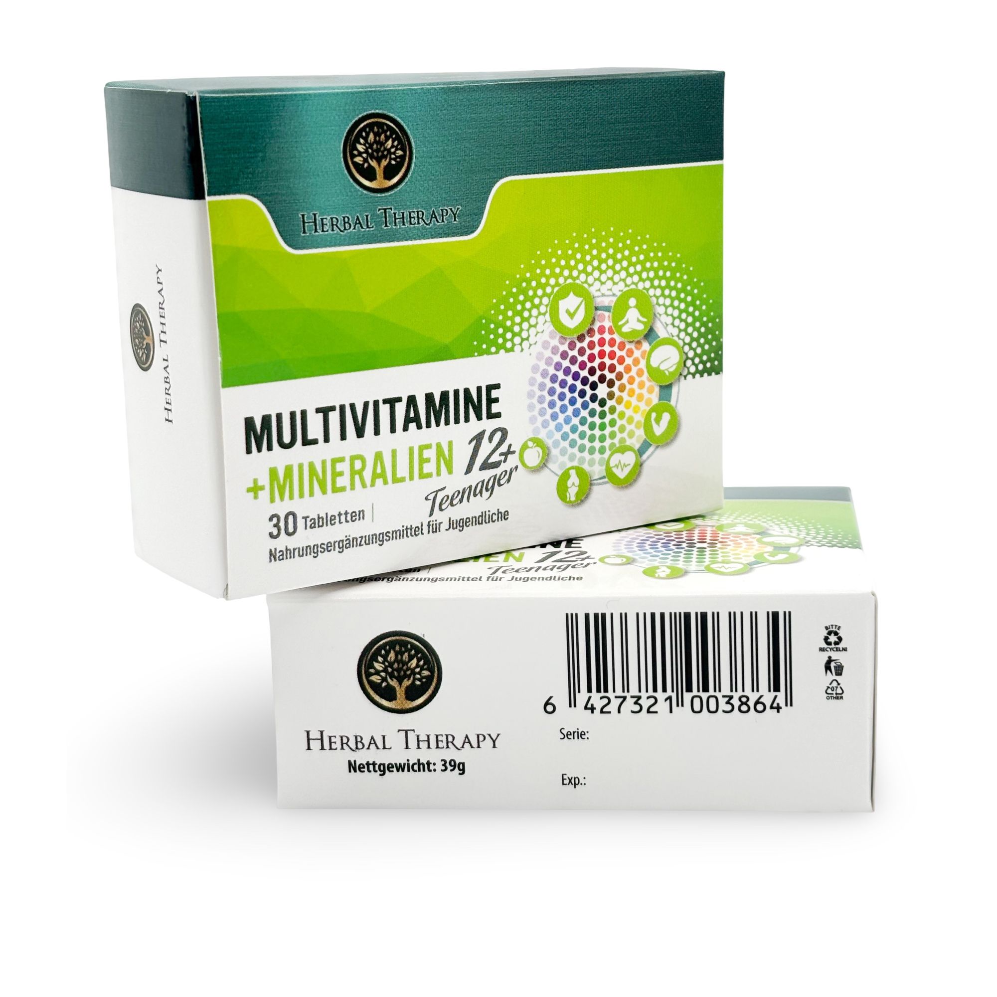 Zwei Herbal Therapy Multivitamine + Mineralien 12+ Teenager Schachteln. Aufschrift: Multivitamine + Mineralien 12+. 30 Tabletten.