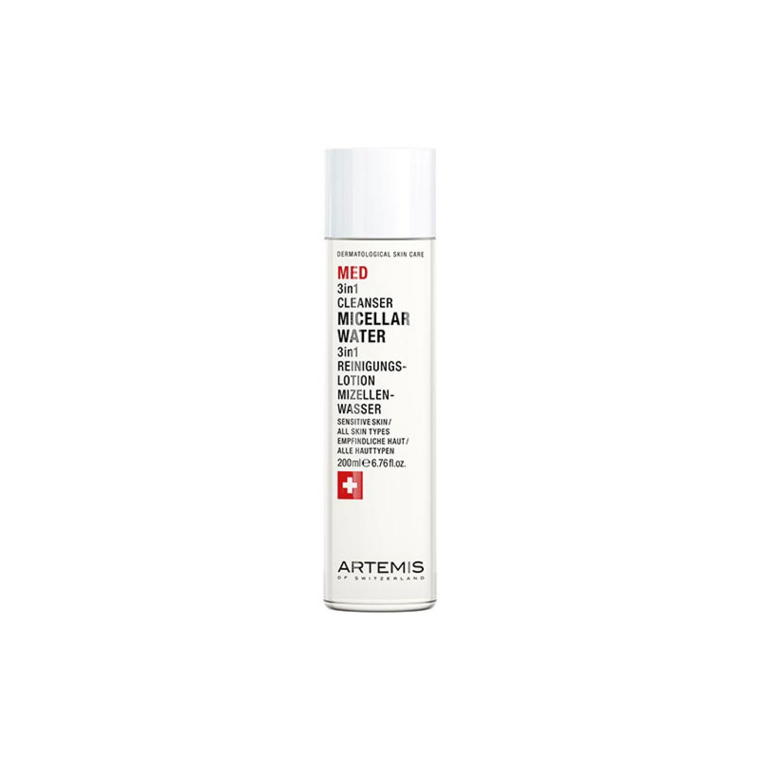 Weißes Fläschchen mit roter Aufschrift MED 3in1 Cleanser Micellar Water. Schweizer Kreuz. Marke ARTEMIS.