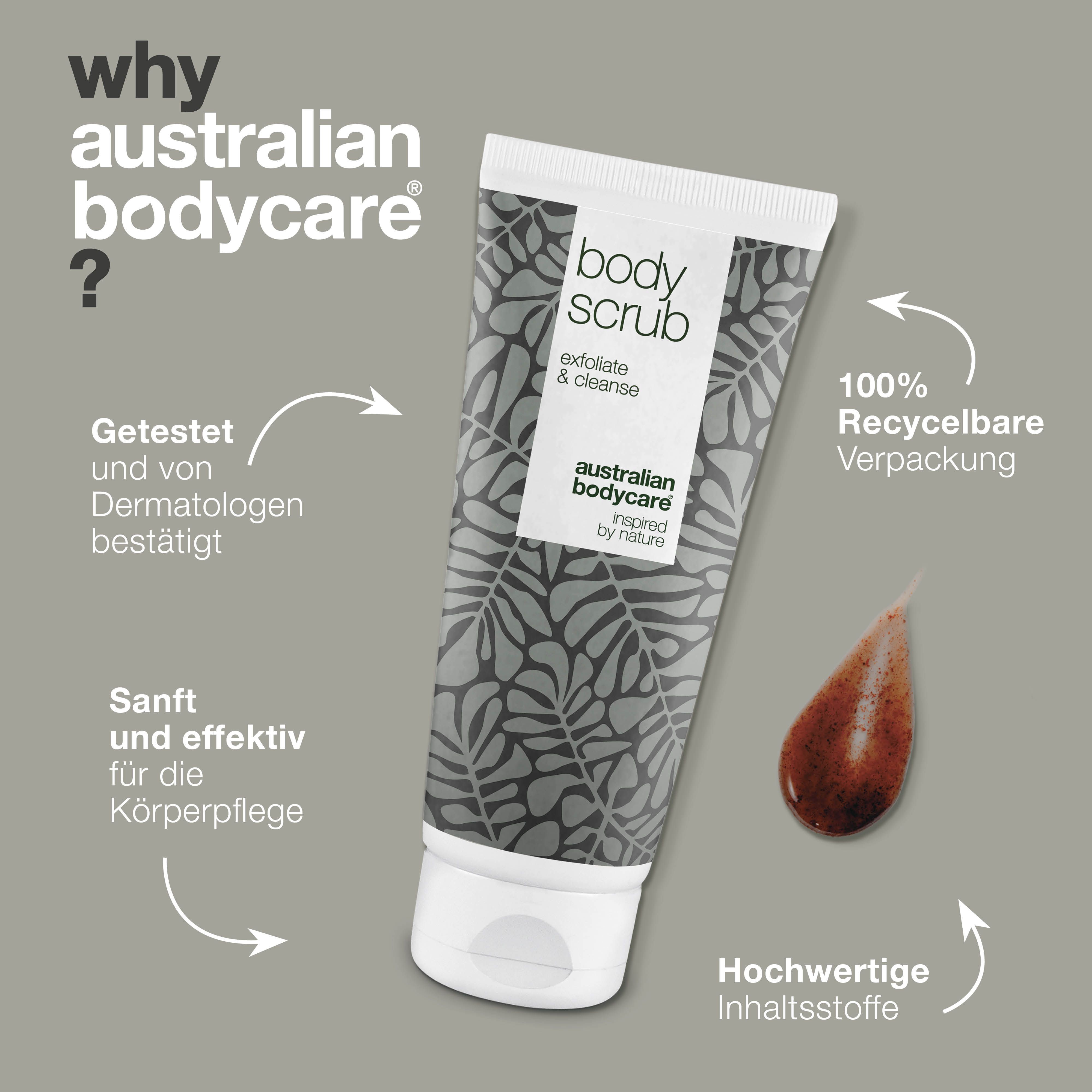 Grafik: Warum Australian Bodycare? Tube Body Scrub. Getestet, dermatologisch bestätigt, sanft, effektiv, hochwertige Inhaltsstoffe.