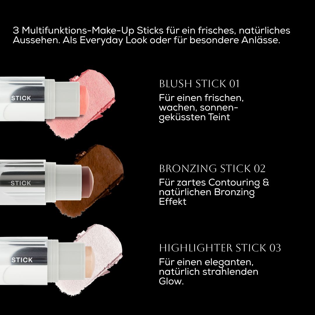 Drei Make-up-Sticks mit Farbmustern. Beschriftung: BLUSH STICK 01, BRONZING STICK 02, HIGHLIGHTER STICK 03. Schwarzer Hintergrund.