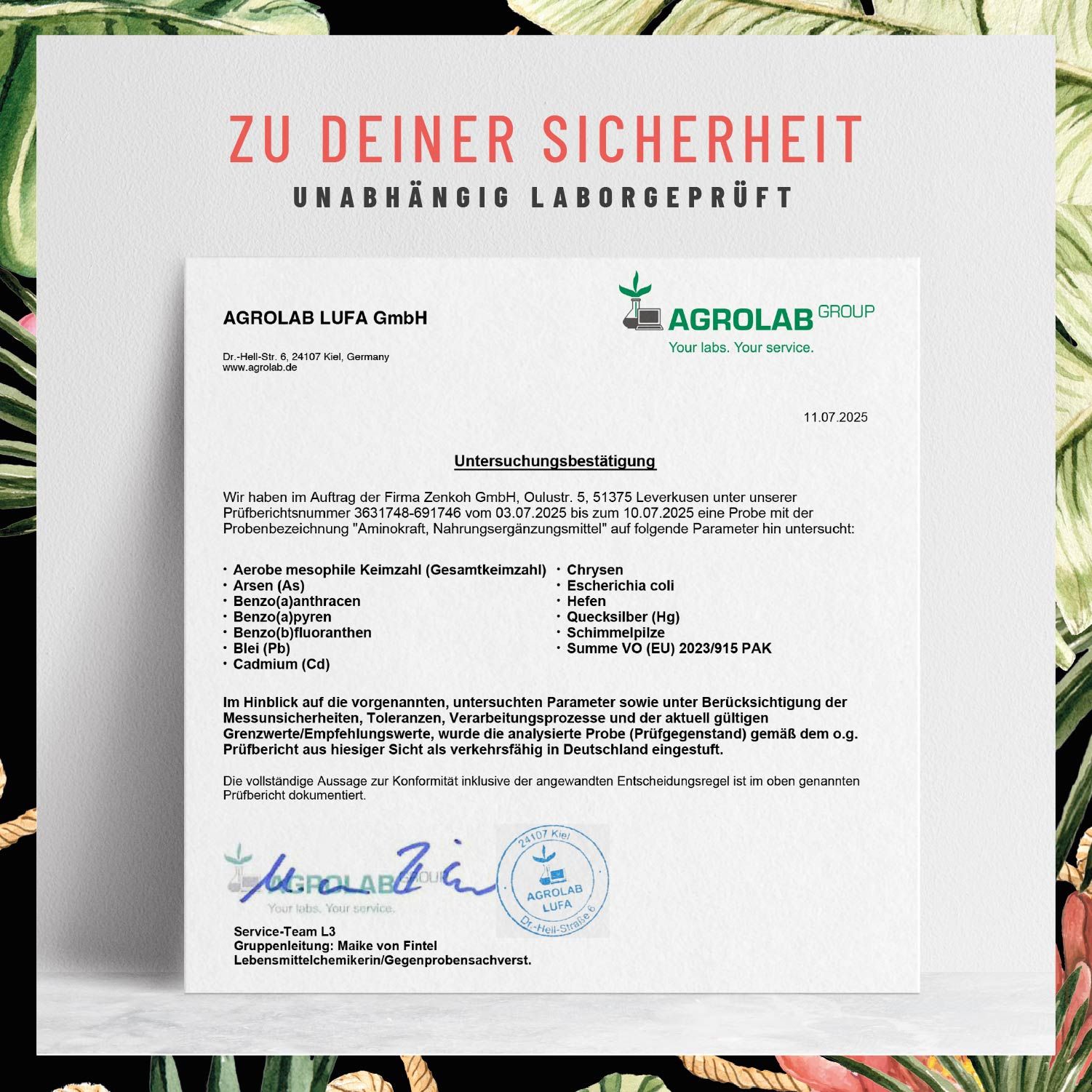Zertifikat der Agrolab LUFA GmbH. Text: Untersuchungsergebnis Aminokraft. Unterschrift.