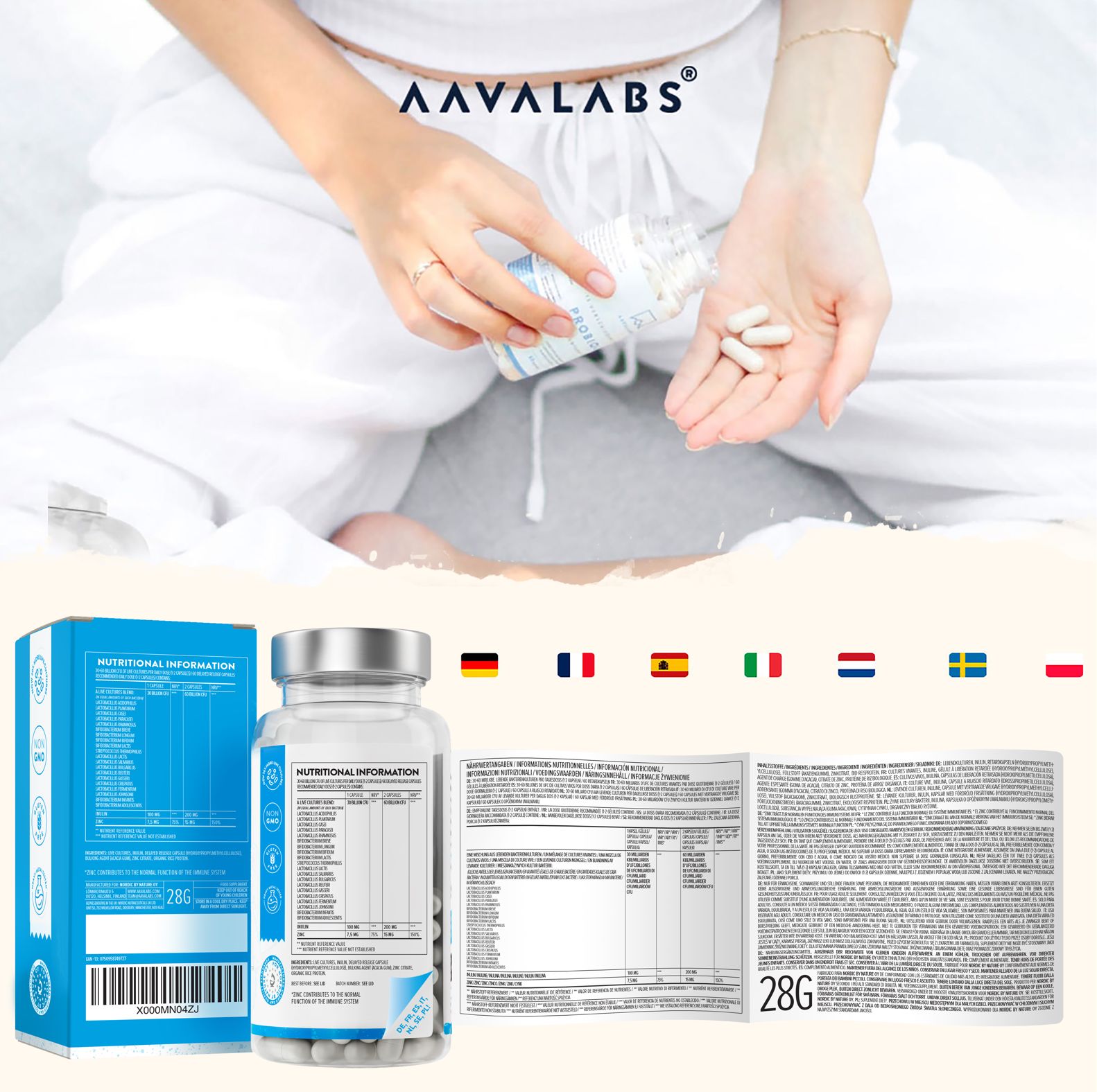 Person hält Probiolac-Kapseln. Flasche, Verpackung und Beipackzettel. Aufschrift: 28g.