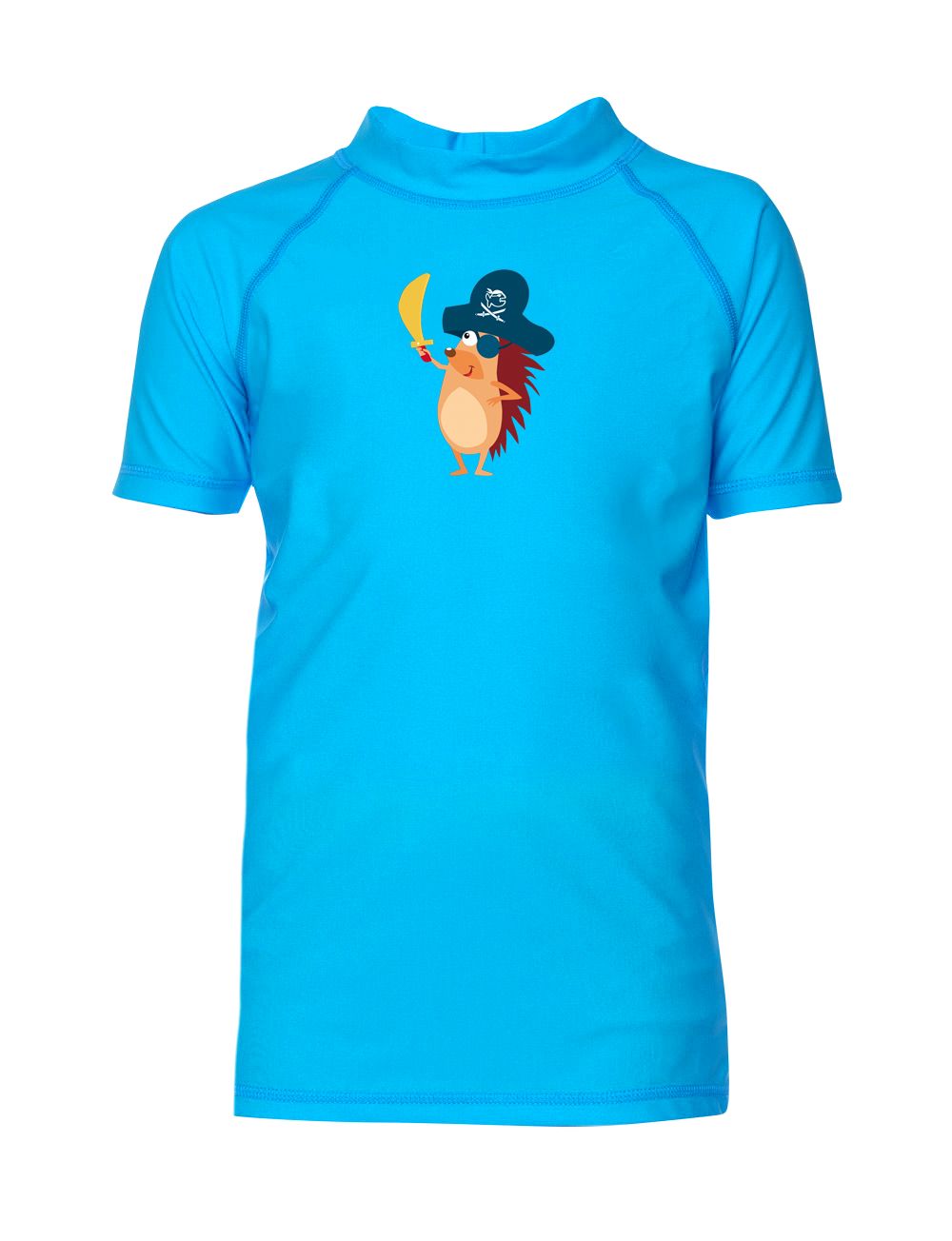 Türkisfarbenes Sonnenschutzshirt für Kinder. Aufdruck: Igel als Pirat mit Säbel und Piratenhut. Kurzarm, Stehkragen.