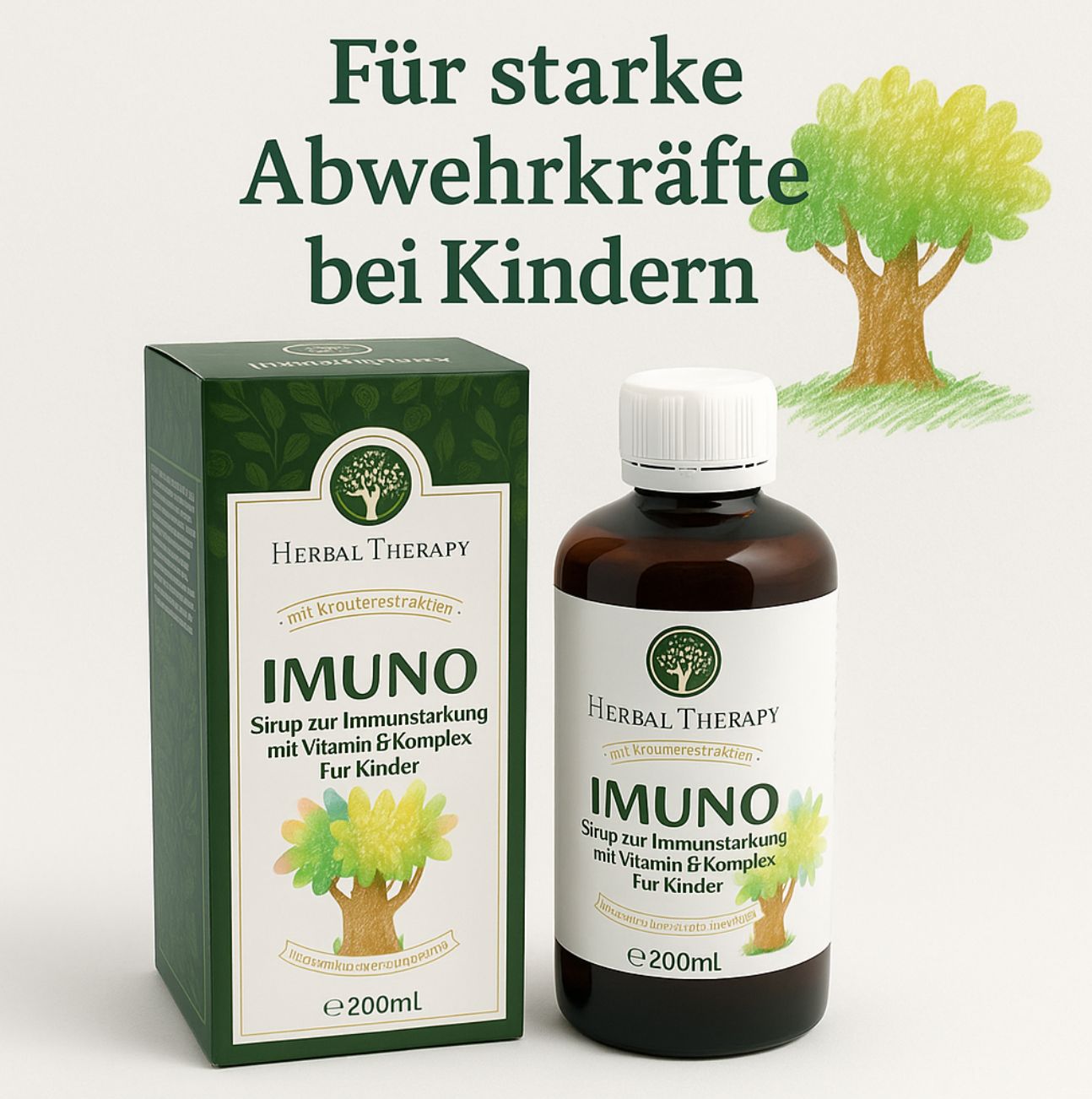 Produktflasche und Schachtel mit Text. Enthält Vitamin B Komplex. Für starke Abwehrkräfte bei Kindern.