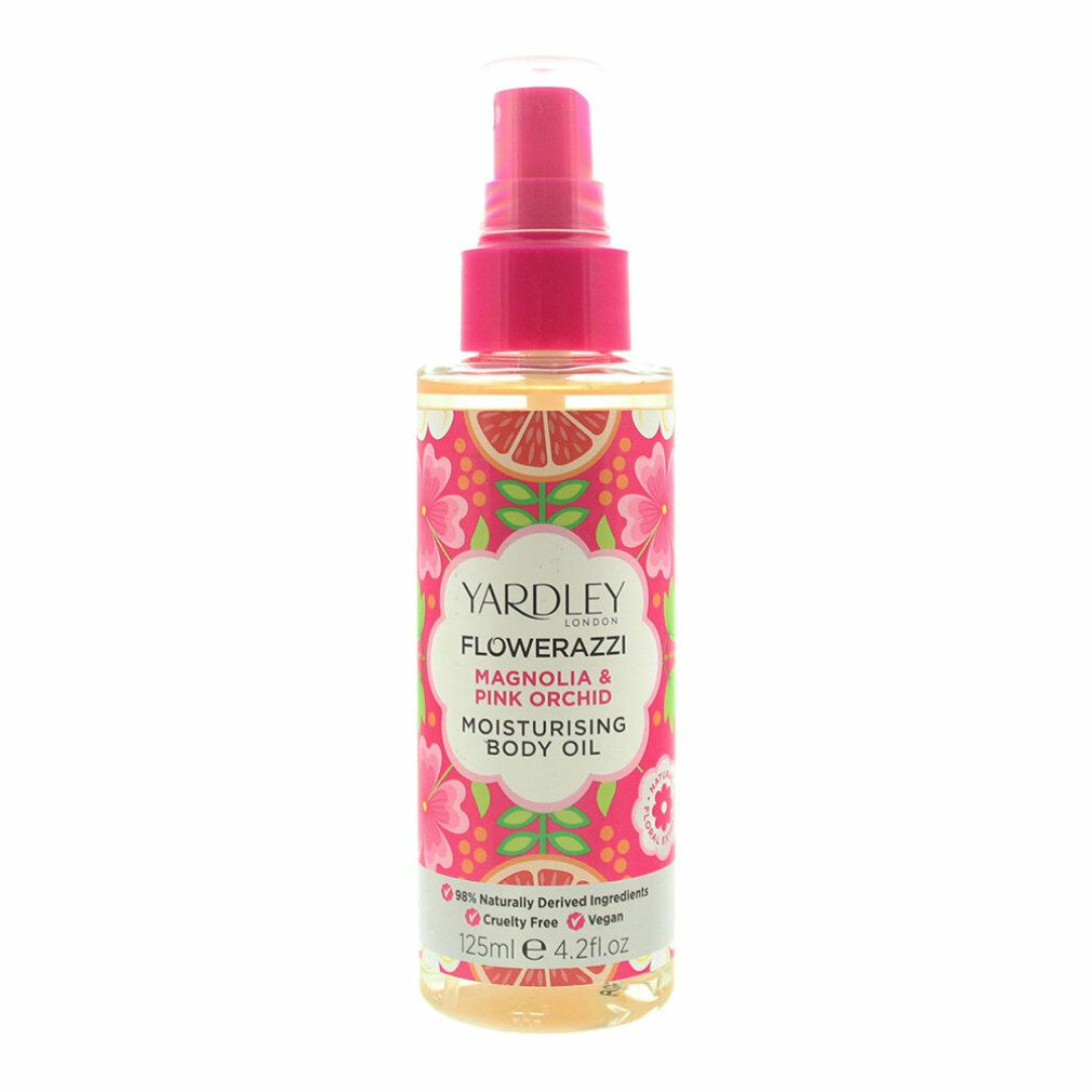 Körperöl-Sprühflasche. Rosa und weißes Etikett mit Produktnamen und floralem Design. Transparente Flüssigkeit sichtbar.