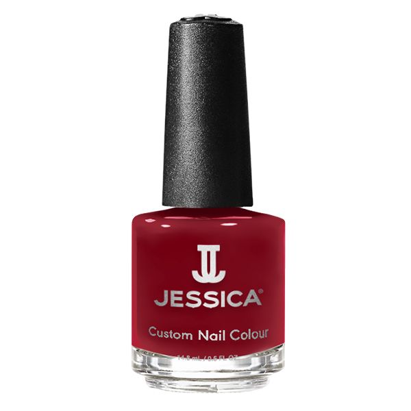 Rote Nagellackflasche mit schwarzem Deckel. Aufschrift: JESSICA Custom Nail Colour.