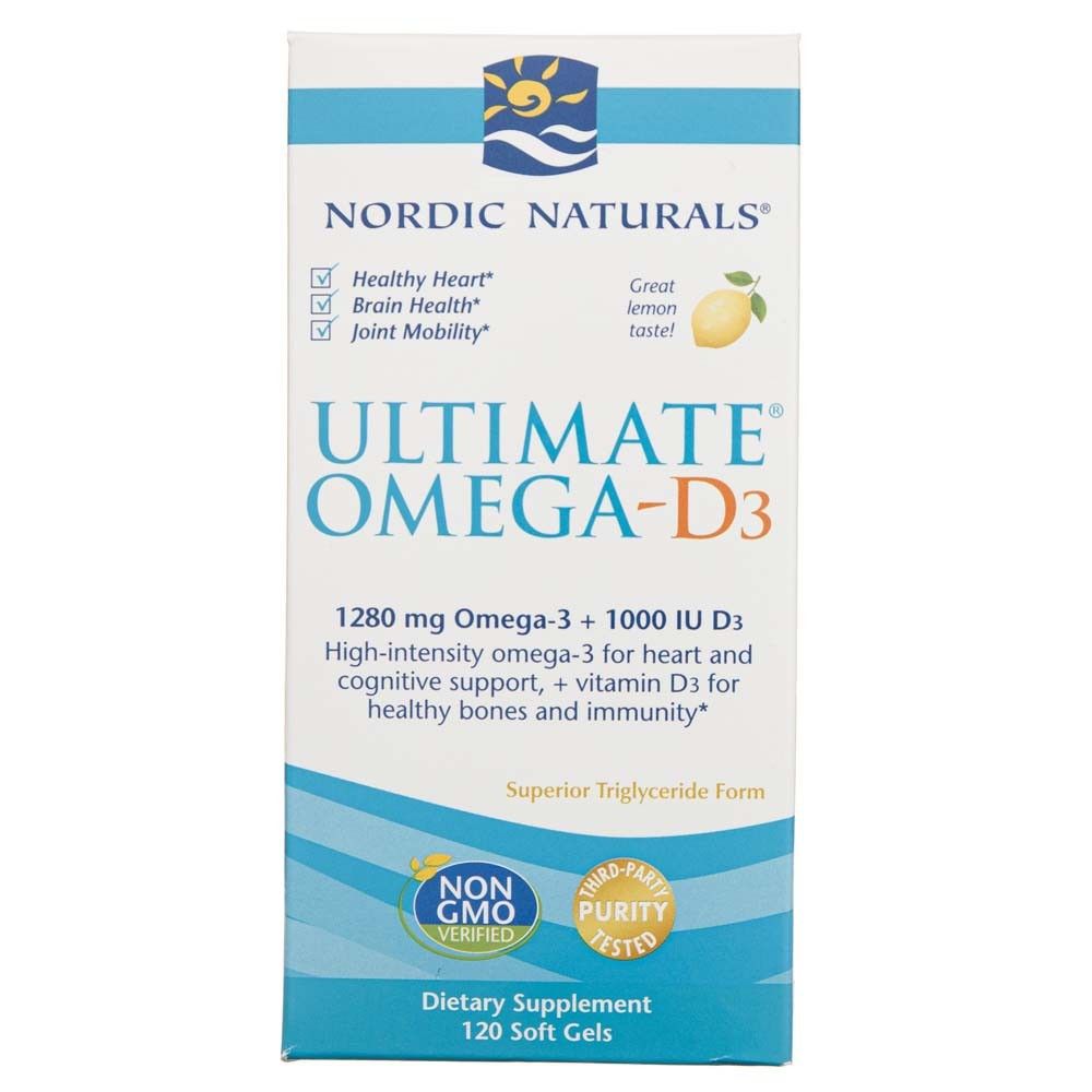 Vorderseite der Nordic Naturals Ultimate Omega-D3 Verpackung mit Zertifizierungen.