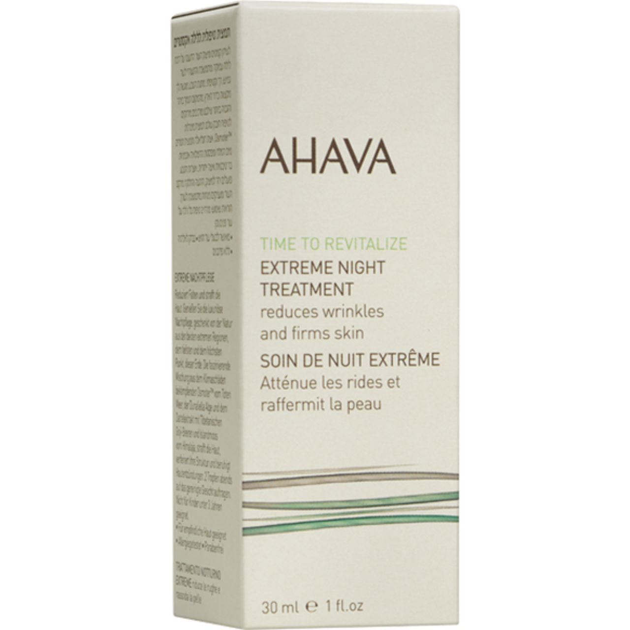 Weiße Schachtel. Aufschrift: AHAVA, Time to Revitalize Extreme Night Treatment. Reduziert Falten. Unten: 30 ml 1 fl.oz.