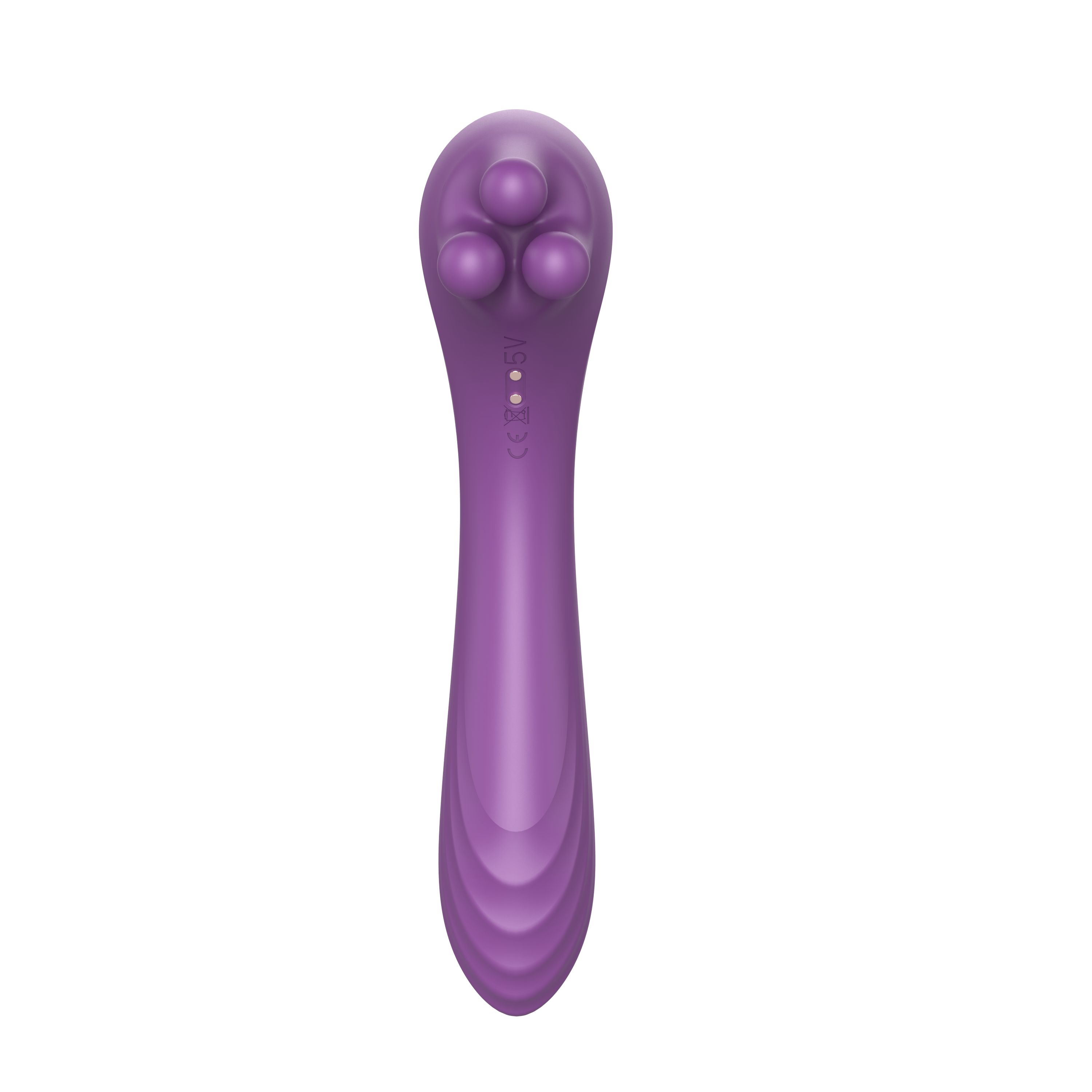 Lila Vibrator mit drei Kugeln am Kopf. Der Griff ist länglich und hat eine geriffelte Oberfläche.