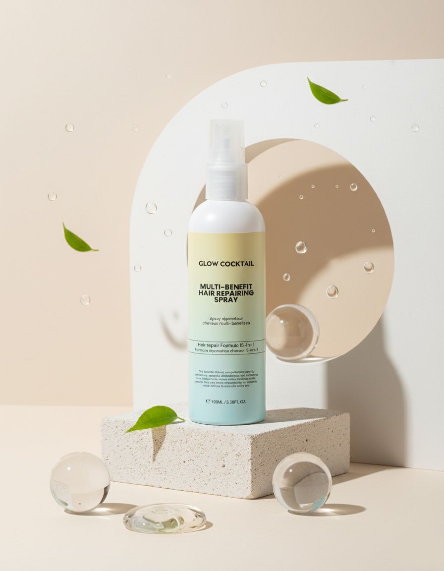 Glow Cocktail Multi-Benefit Haarreparatur-Spray auf einem Steinpodest, umgeben von Glaskugeln und Blättern.