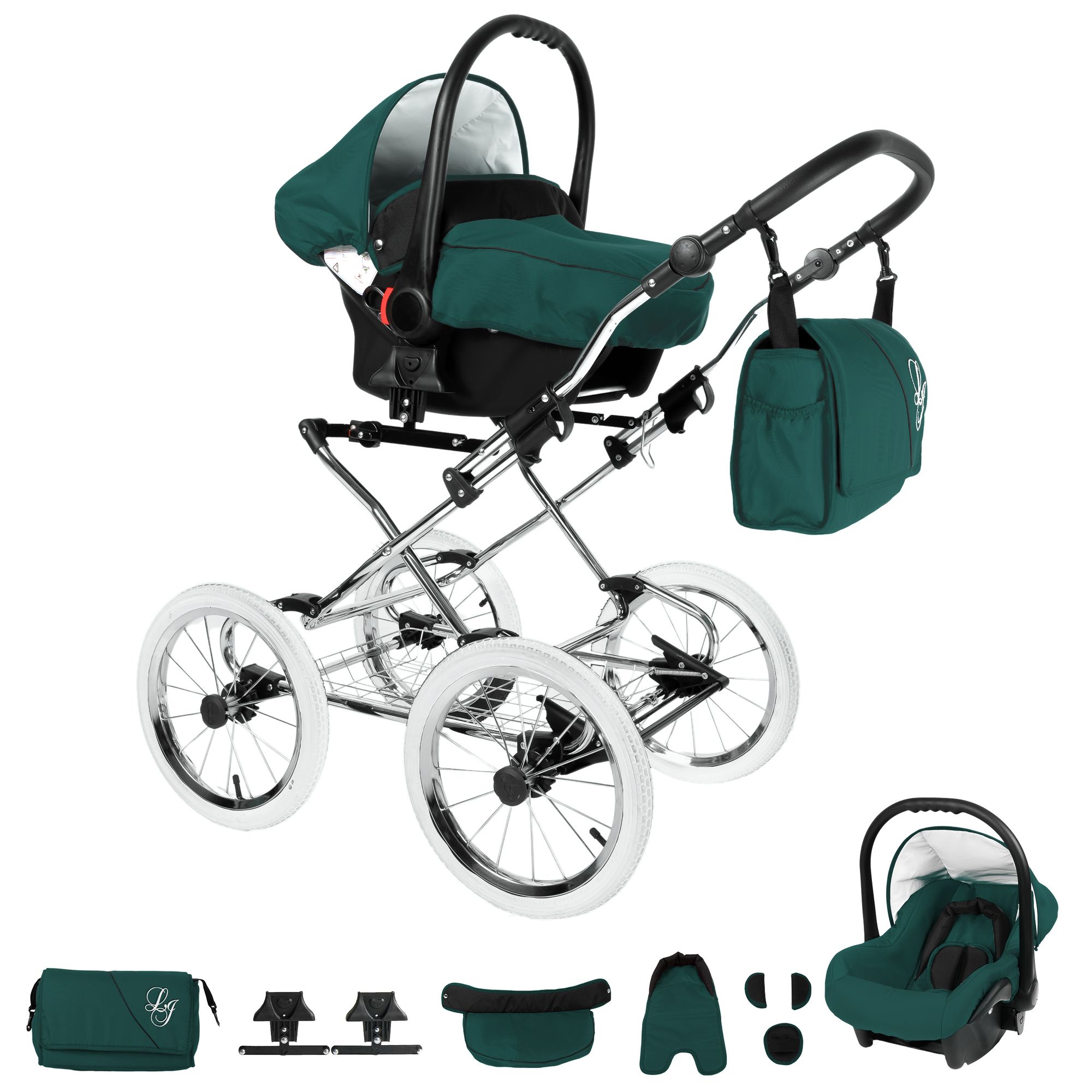 Bebebi Loving 4 in 1 Kinderwagen Komplettset ISOFIX Basis Nostalgie Kinderwagen, Green Ardent Peak