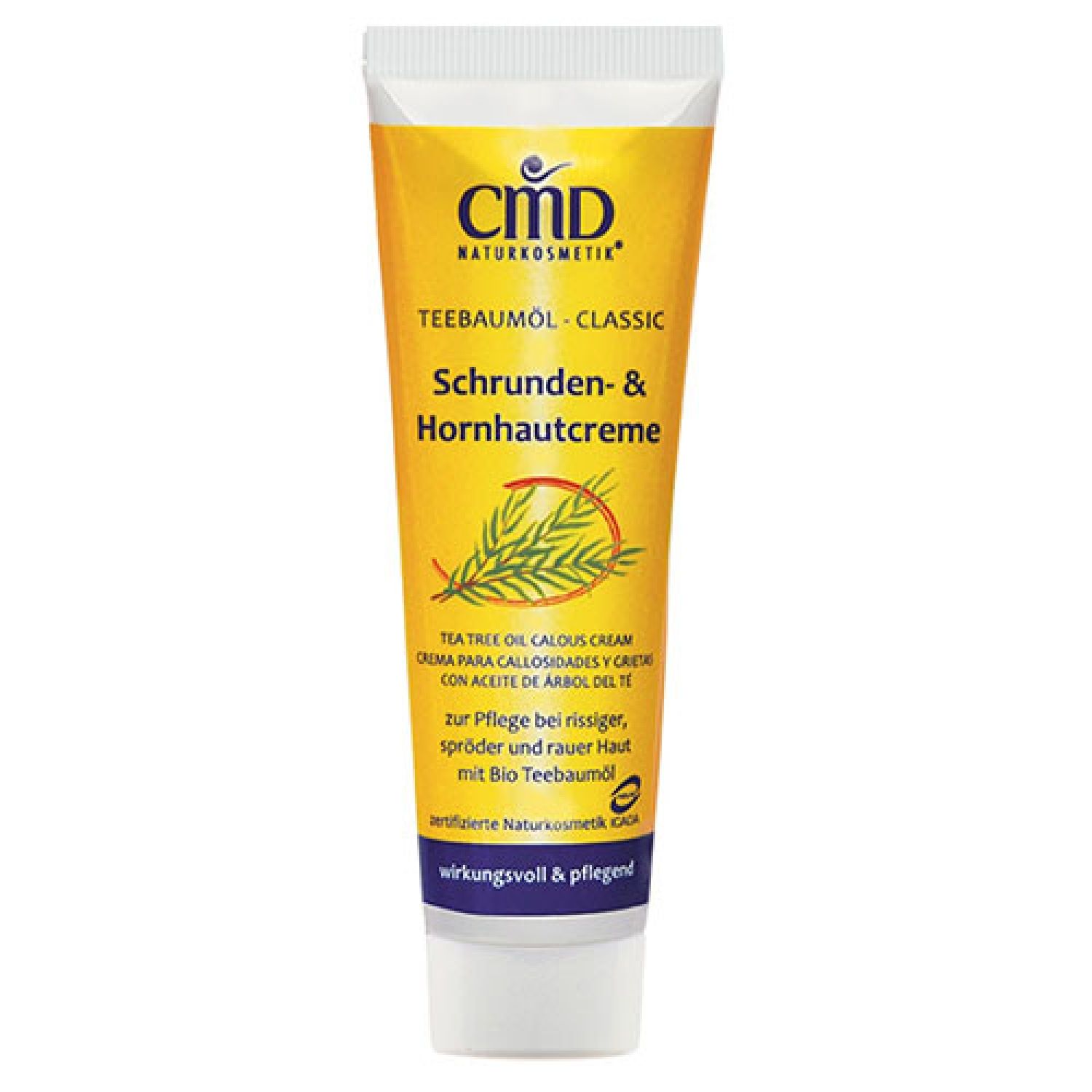 Gelbe Tube CMD Naturkosmetik Schrunden- & Hornhautcreme. Text: Teebaumöl-Classic, zertifizierte Naturkosmetik, wirkungsvoll & pflegend.