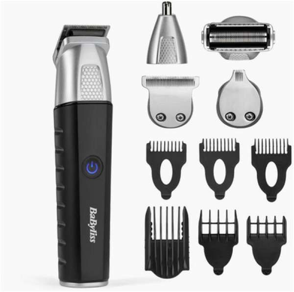 Schwarzer Trimmer mit silbernen Aufsätzen und Zubehör. Enthält verschiedene Trimmerköpfe und Aufsätze. Marke: BaByliss.