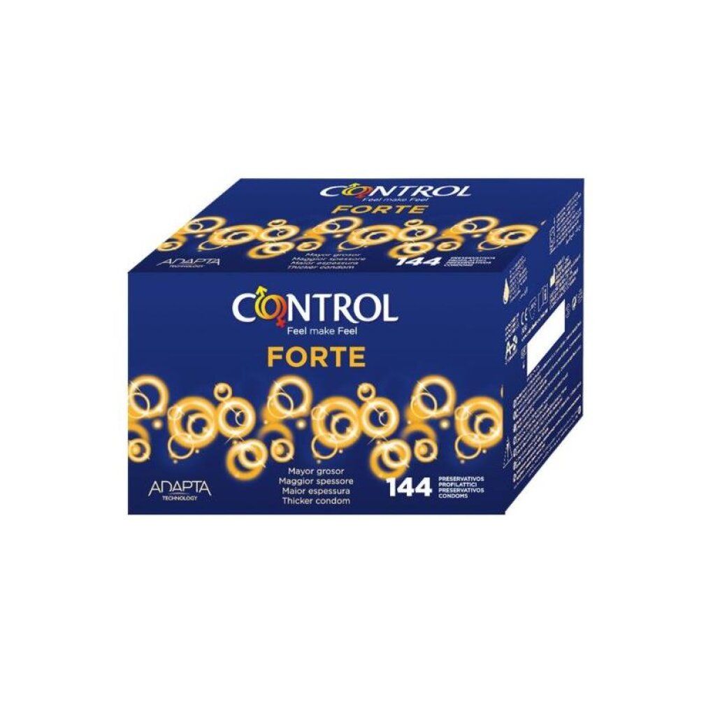 Control Forte Kondom-Packung, 144 Stück. Blaue Verpackung mit goldenen Kreismotiven.