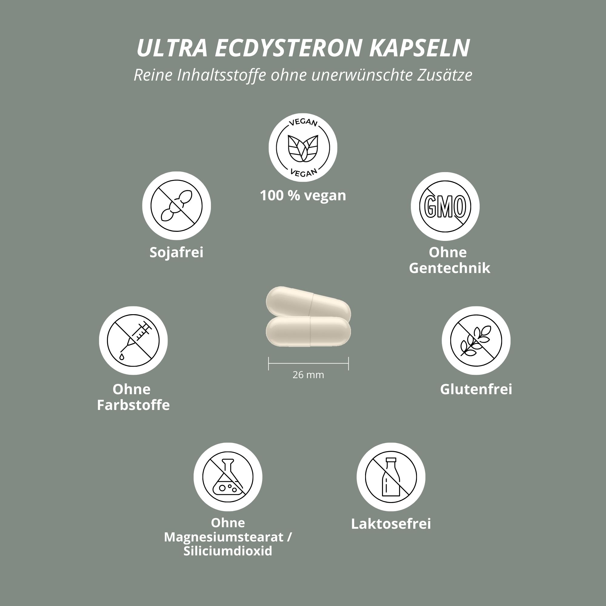 Zwei Kapseln, 26 mm lang. Kreisförmige Symbole: Sojafrei, 100% vegan, Ohne Gentechnik, Ohne Farbstoffe, Glutenfrei, Ohne Magnesiumstearat/Siliciumdioxid, Laktosefrei.