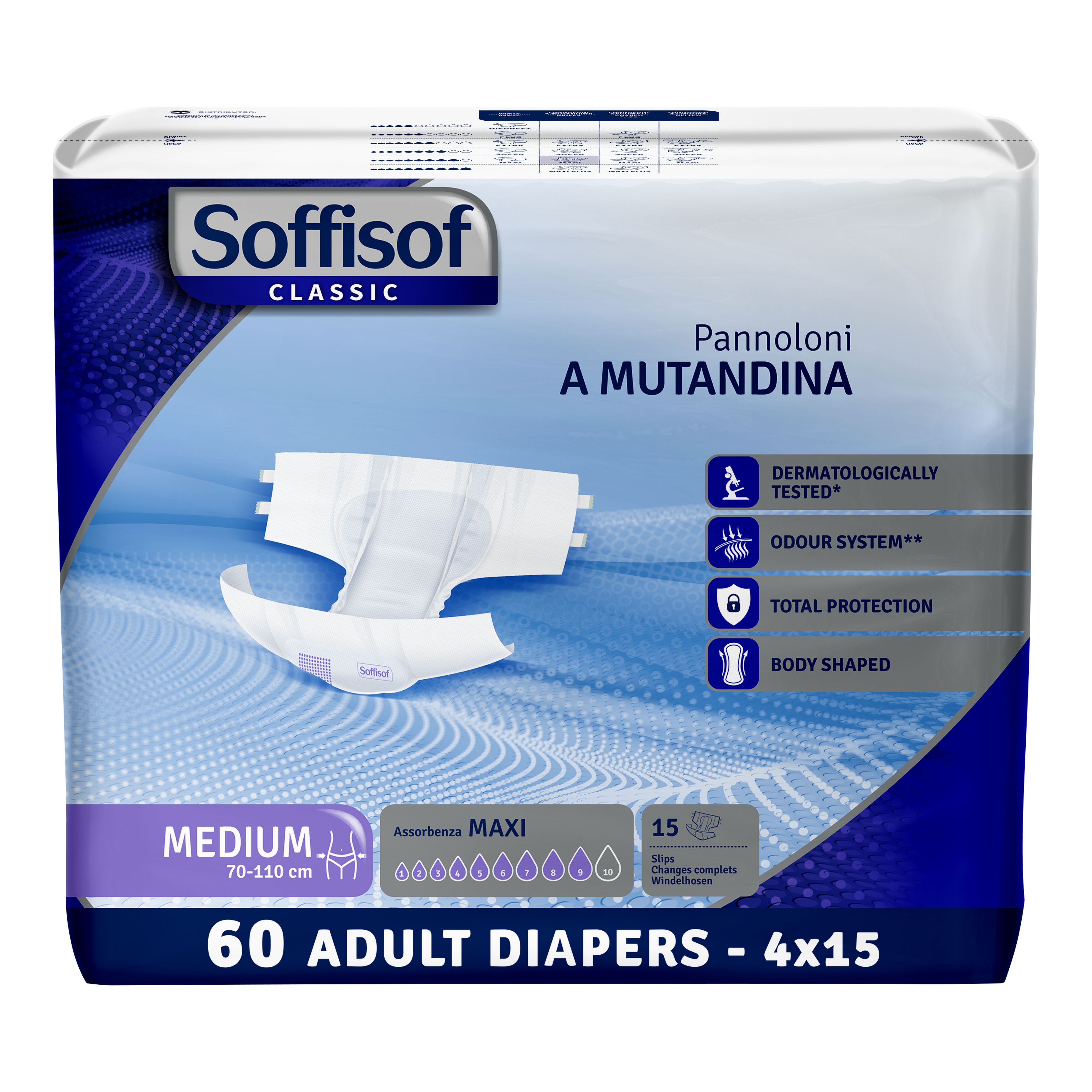 Soffisof Classic Maxi volwassen luiers. Medium, 70-110 cm. 60 stuks. Opschrift: 60 ADULT DIAPERS - 4x15.
