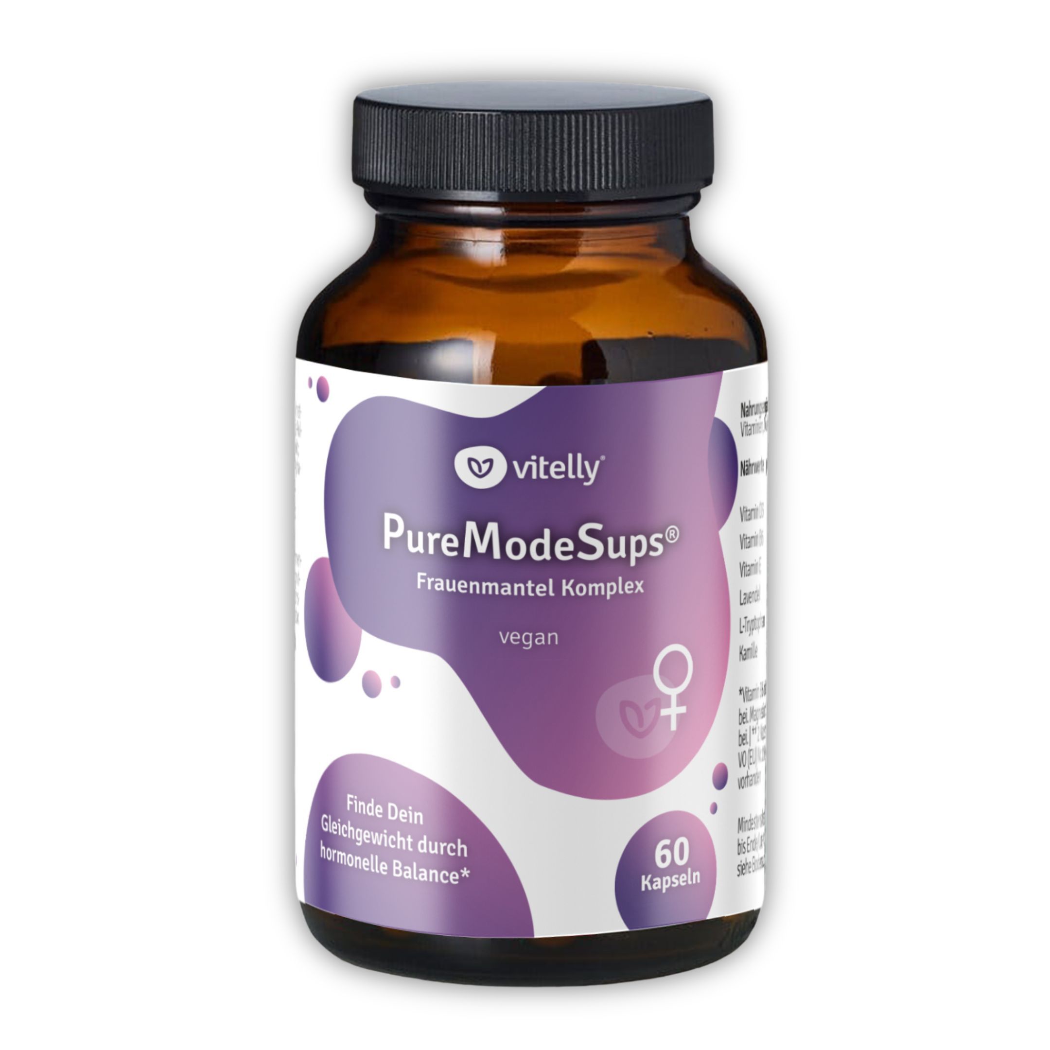 Braune Glasflasche mit schwarzen Deckel. Etikett mit Produktnamen, Logo und Inhaltsangaben. 60 Kapseln. Vegan.