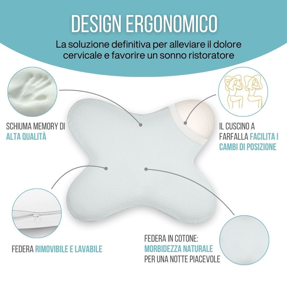 Cuscino bianco a farfalla. Caratteristiche: memory foam, fodera rimovibile. Design ergonomico.