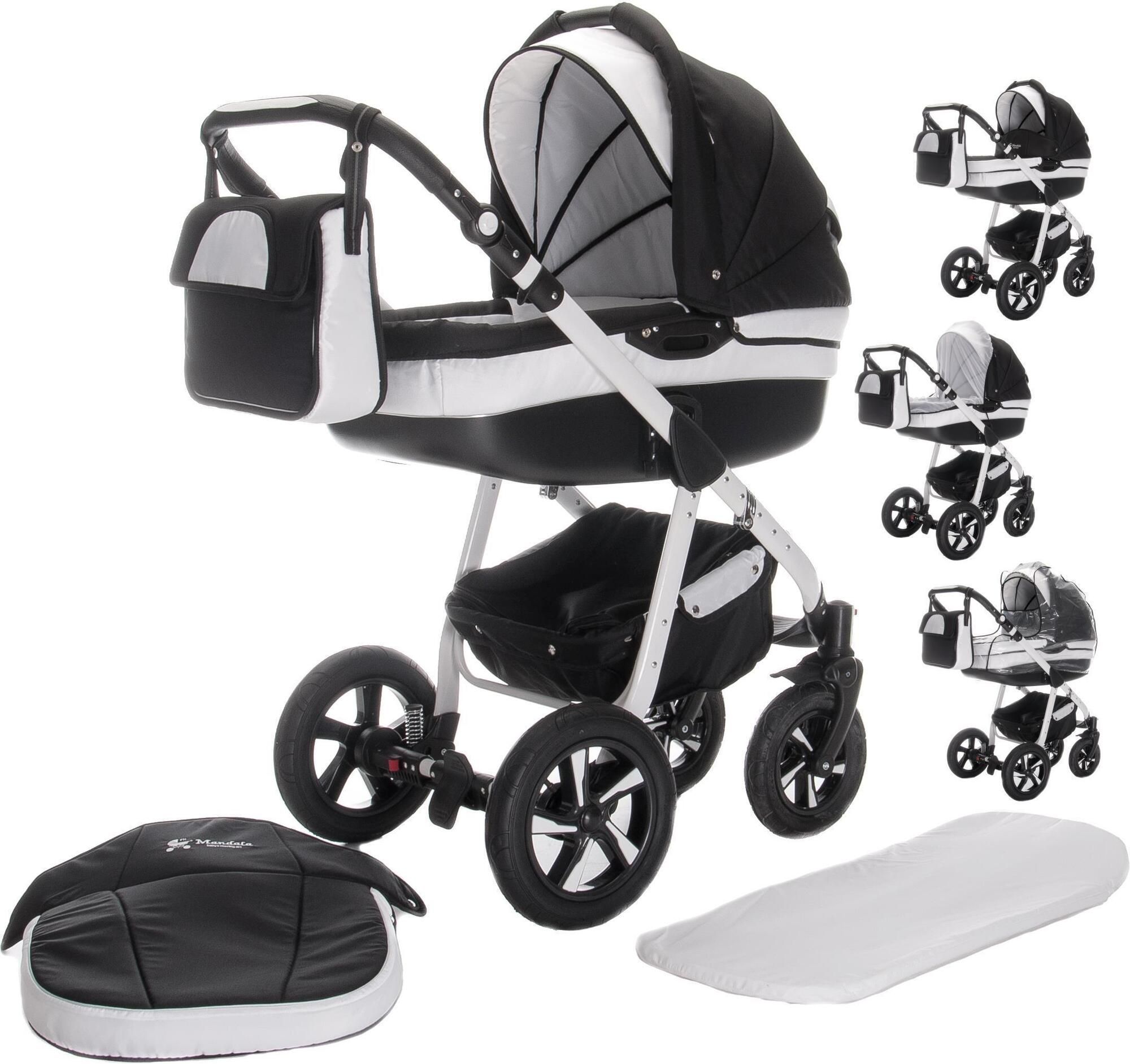 Kinderwagen-Komplettset in Schwarz und Weiß. Enthält Babywanne, Sportwagenaufsatz, Tragetasche, ISOFIX-Basis und Zubehör.