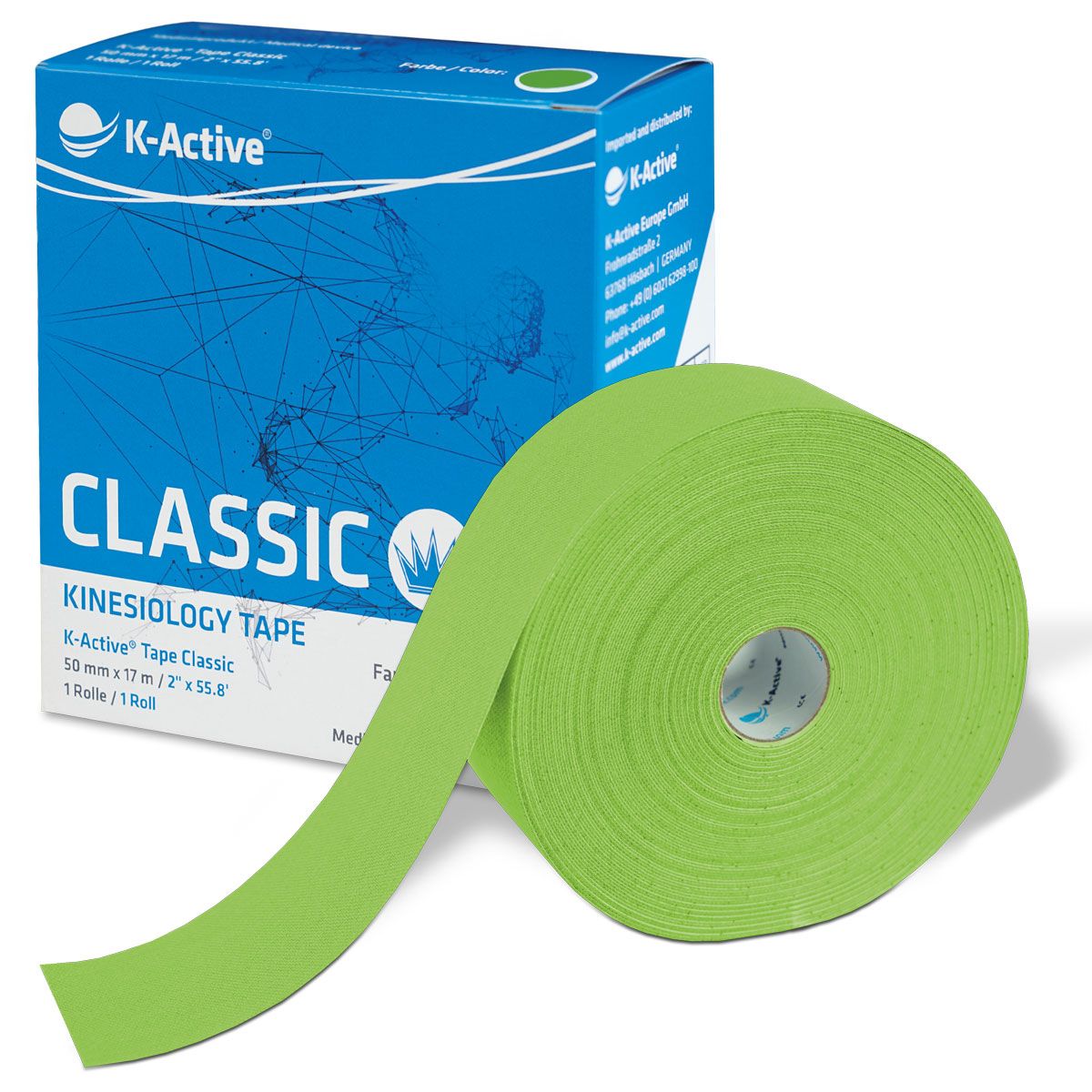 Grüne Kinesiologie-Tape-Rolle und Verpackung. Aufschrift: K-Active Classic, 50 mm x 17 m.