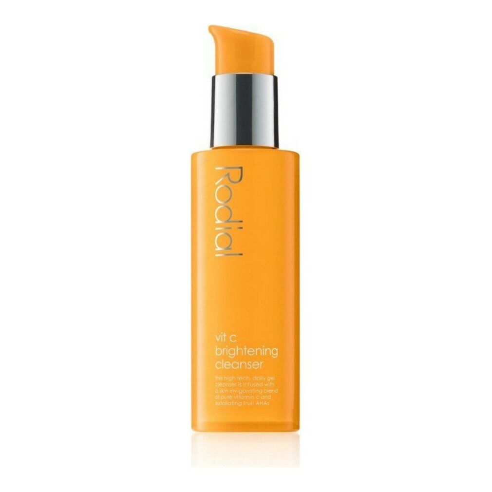 Orangefarbener Flakon mit silbernem Pumpkopf. Aufschrift: Rodial, Vit C brightening cleanser.