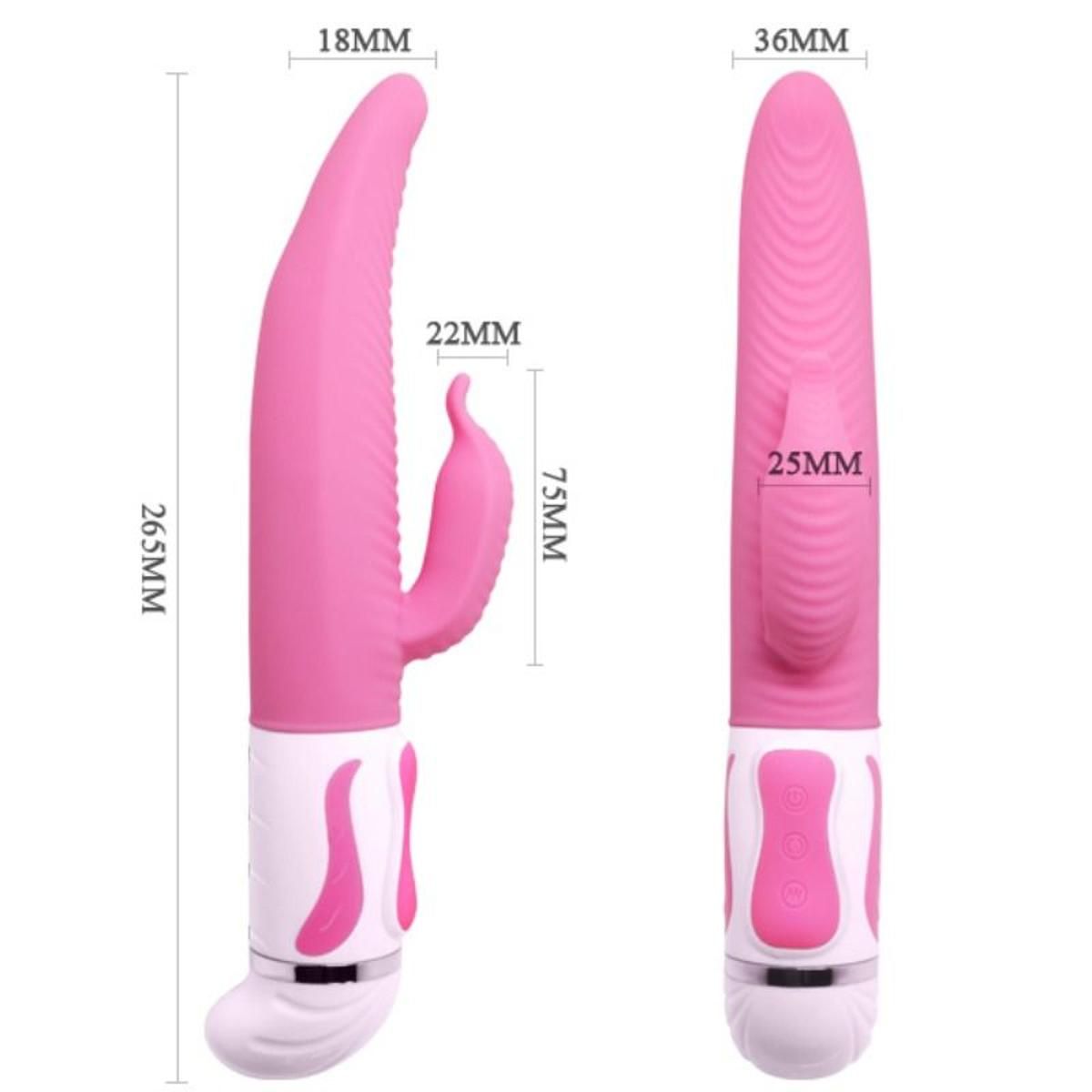 Rosa Vibrator mit geriffelter Oberfläche. Abmessungen: 265mm lang, 36mm breit. Hasenohren-Design. Weißer Griff mit rosa Knöpfen.