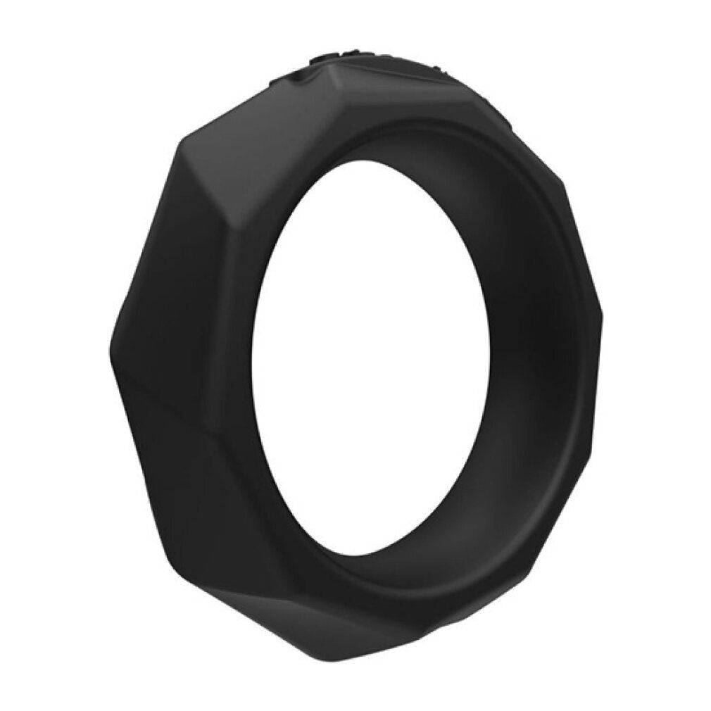 Schwarzer, achteckiger Ring. Innen rund, außen kantig. Perspektivische Ansicht.
