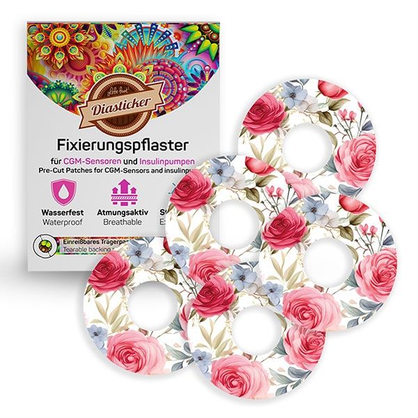 Fixierpflaster mit Rosenmuster und Verpackung. Für CGM-Sensoren und Insulinpumpen. Wasserdicht, atmungsaktiv.