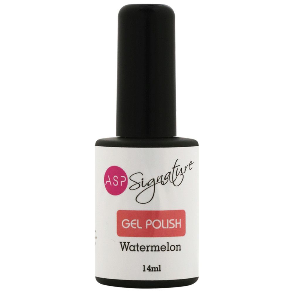 Nagellackflasche mit schwarzem Deckel. Etikett mit 'ASP Signature Gel Polish' und 'Watermelon'.