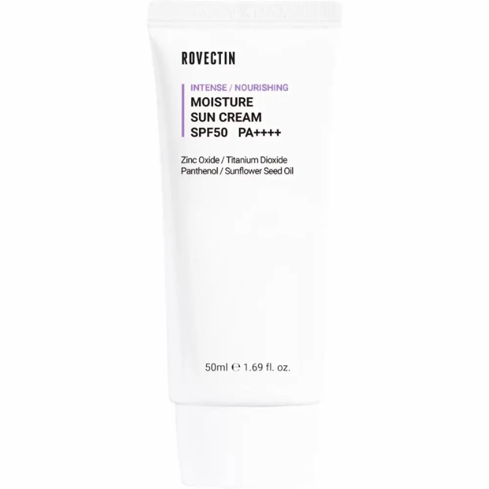 Weiße Tube mit Produktaufschrift. Text: ROVECTIN, INTENSE/NOURISHING, MOISTURE SUN CREAM SPF50 PA++++. Inhaltsstoffe.