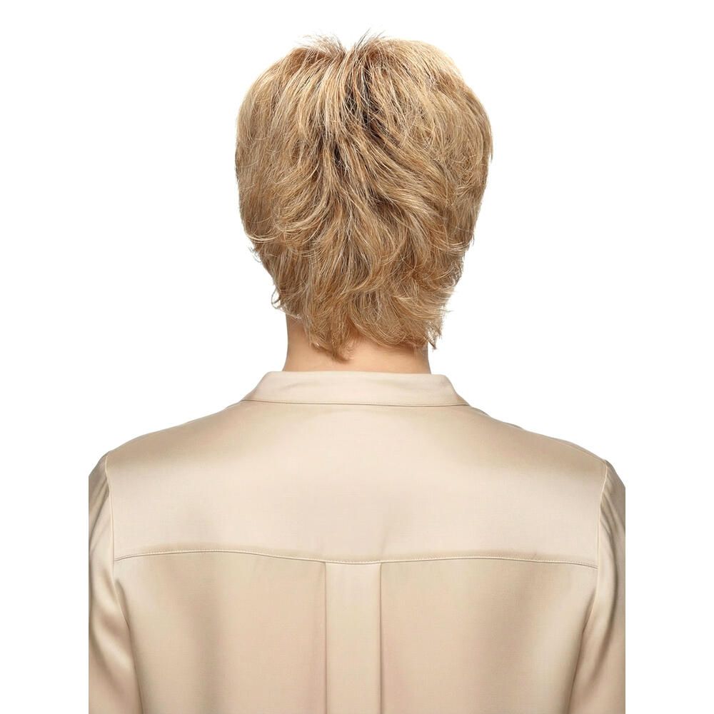 Rückansicht einer blonden Kurzhaarperücke. Die Haare sind gestuft und fallen locker. Die Perücke bedeckt den oberen Rücken.