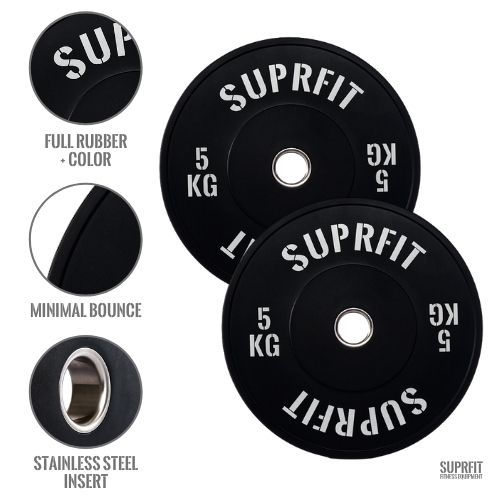 Zwei schwarze Suprfit Econ Bumper Plates mit weißem Logo. Gewicht: 5 KG. Runde Form. Details: Vollgummi, minimaler Rückprall, Edelstahleinsatz.