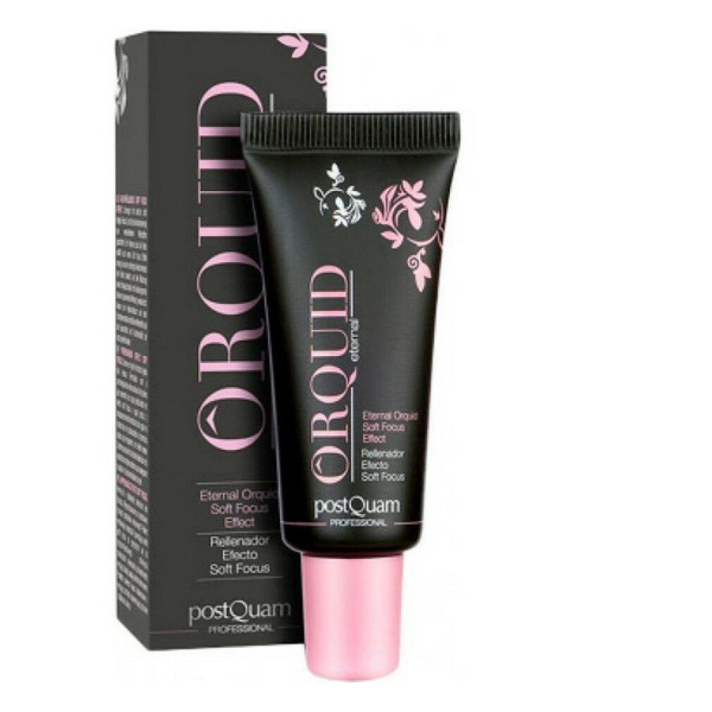Schwarze Tube mit rosa Verschluss und Verpackung. Aufschrift: ORQUID eternal, Soft Focus Effect. Marke: Postquam Professional.