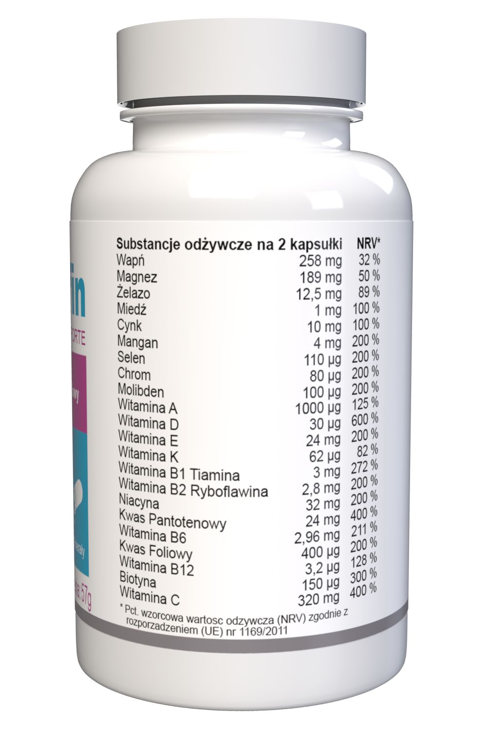 Rückseite der weißen Flasche mit Glukofin-Kapseln. Nährwerttabelle mit Inhaltsstoffen und NRV-Werten.