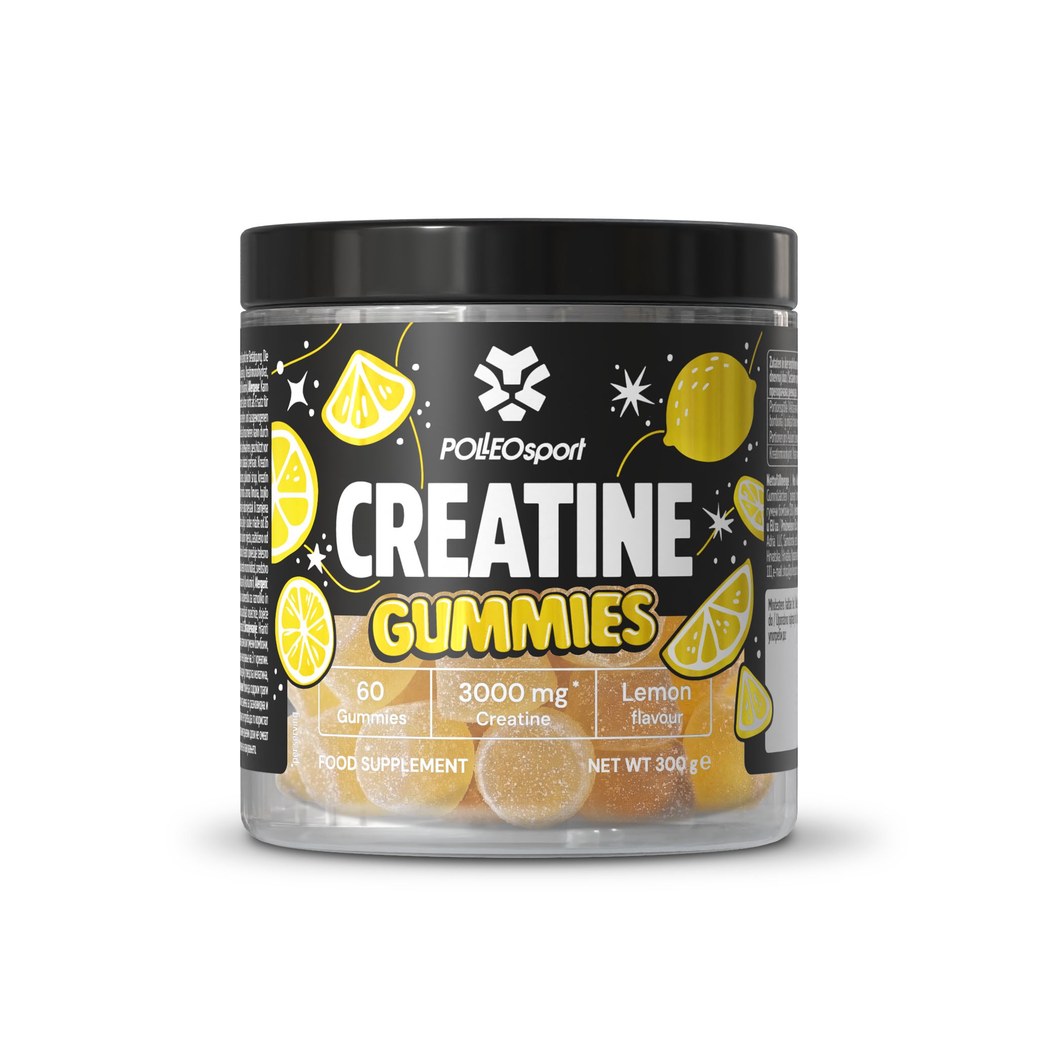 Runde Dose mit PolleoSport Creatine Gummies. Aufschrift: Creatine Gummies, 60 Gummies, 3000 mg Creatine, Lemon flavour. Netto-Gewicht 300g.
