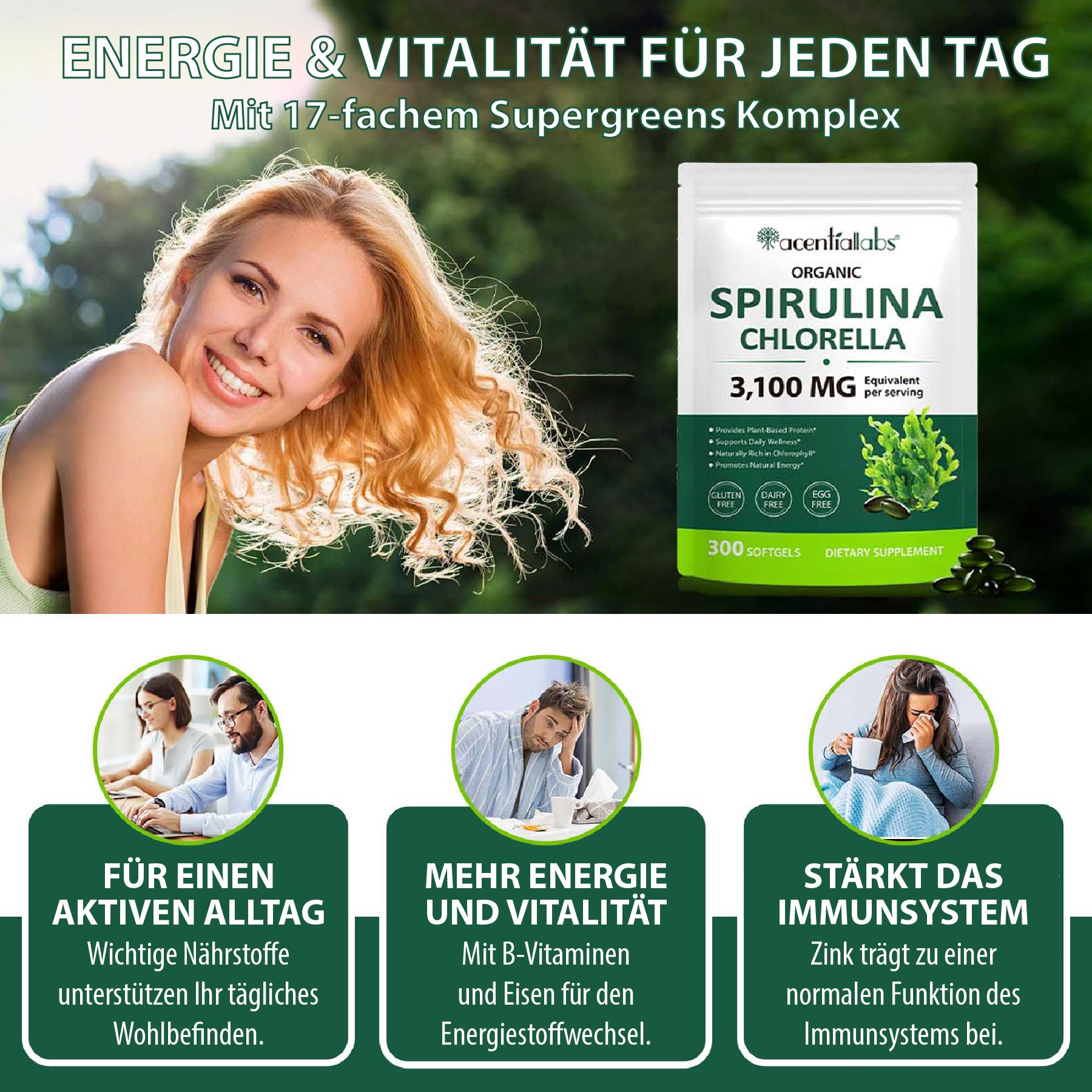 Frau lächelt neben Beutel P-Beauty Spirulina Chlorella Softgels und Infografik zu Energie und Vitalität.