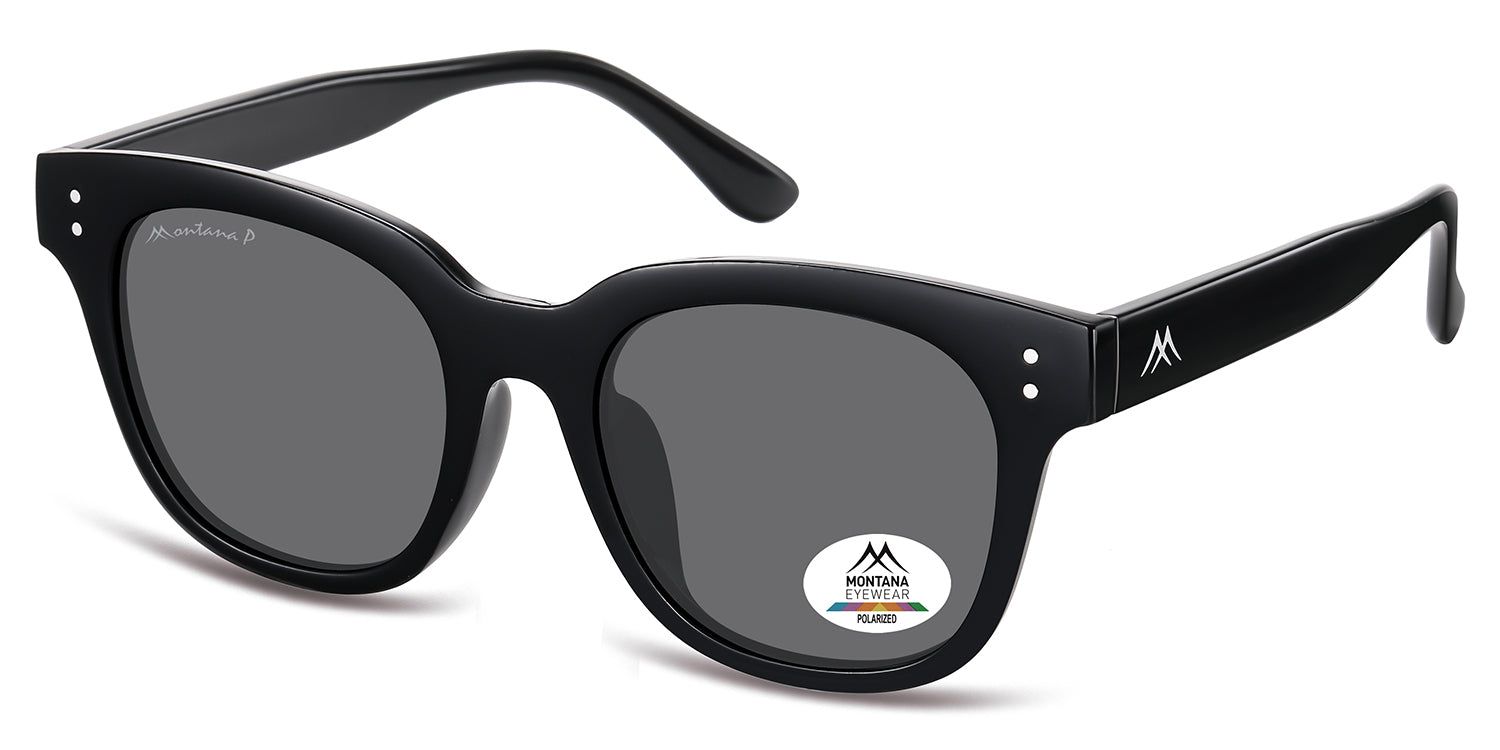 Schwarze Sonnenbrille mit grauen Gläsern. Montana Eyewear Logo und Polarisationsaufkleber. Eckige Form.