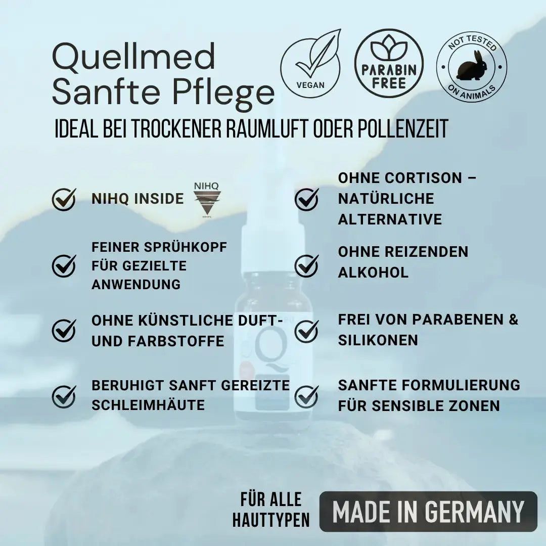 Text-Infografik. Quellmed Sanfte Pflege. Vegan, parabenfrei, ohne Tierversuche. Für alle Hauttypen. Made in Germany.
