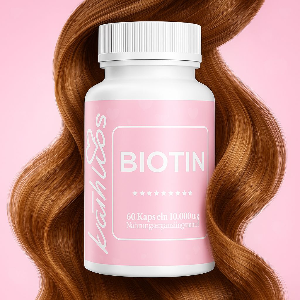 Weiße Flasche mit rosa Etikett. Aufschrift: BIOTIN, 60 Kapseln, 10.000 ug. Marke: Kathless. Hintergrund: braunes Haar.