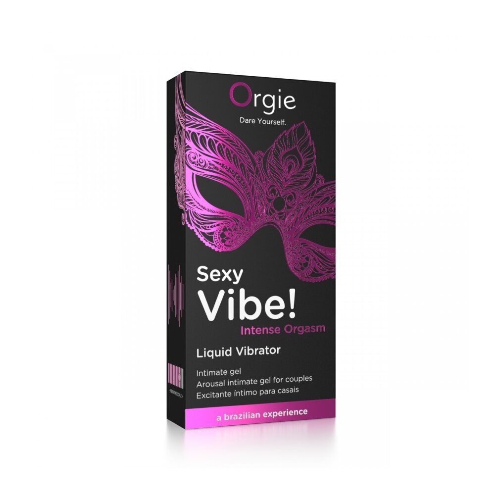Orgies Sexy Vibe! Intense Orgasm. Schwarze Verpackung mit pinkfarbenem Maskenmotiv. Produktname und Marke deutlich sichtbar.