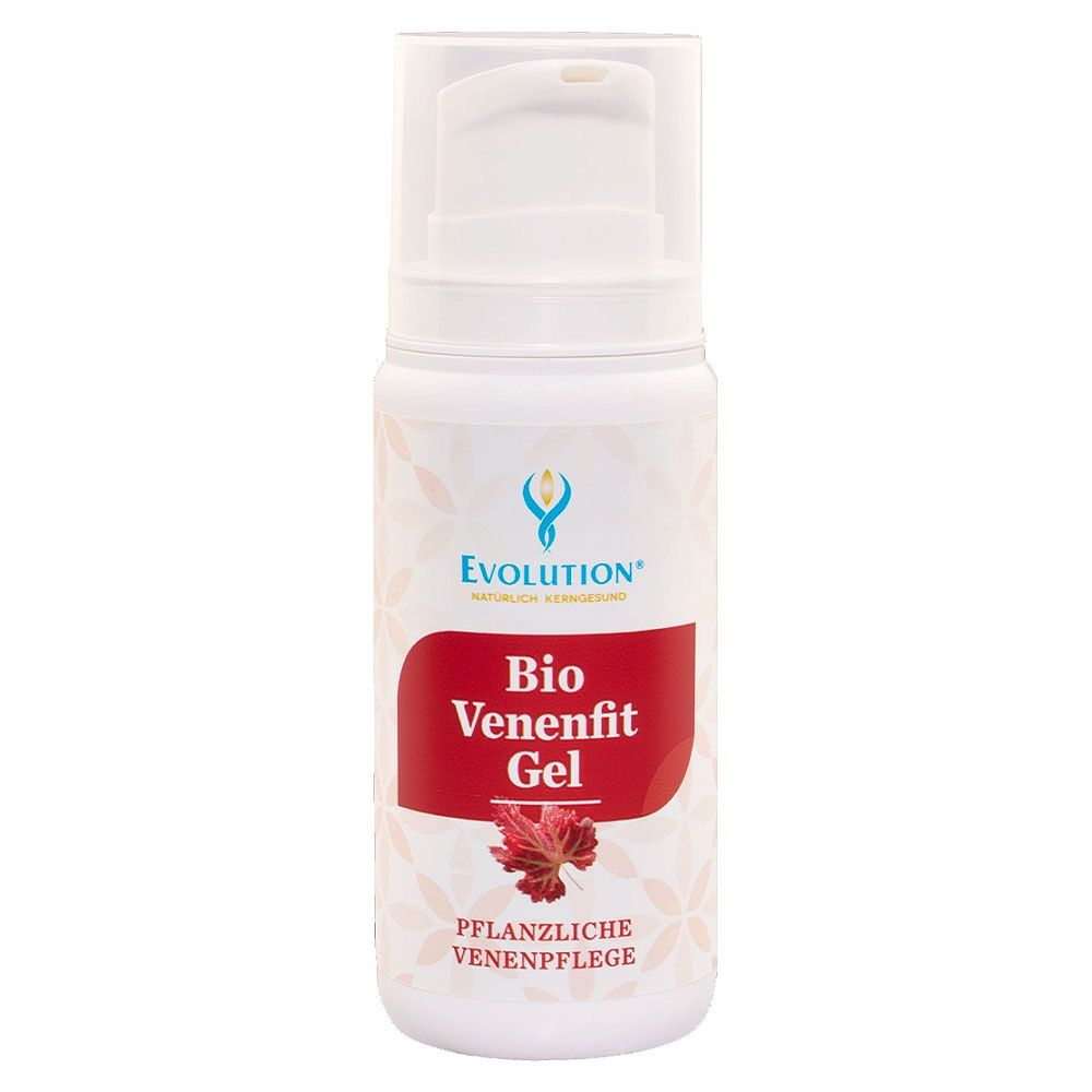 Weiße Flasche mit Pumpverschluss. Roter Bereich mit "Bio Venenfit Gel"-Schriftzug. Logo "Evolution".