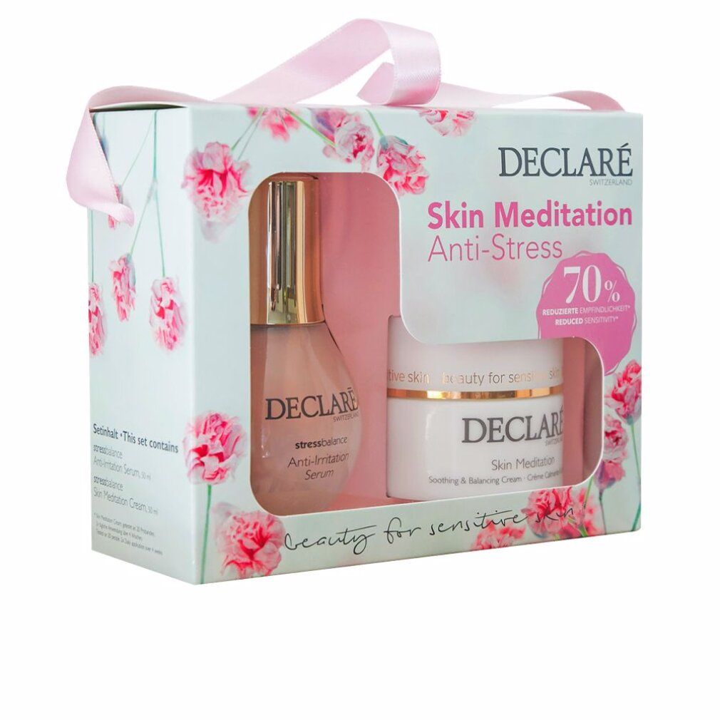 Geschenkbox mit DECLARÉ Skin Meditation Anti-Stress Produkten. Enthält Serum und Creme, verpackt mit rosa Schleife.