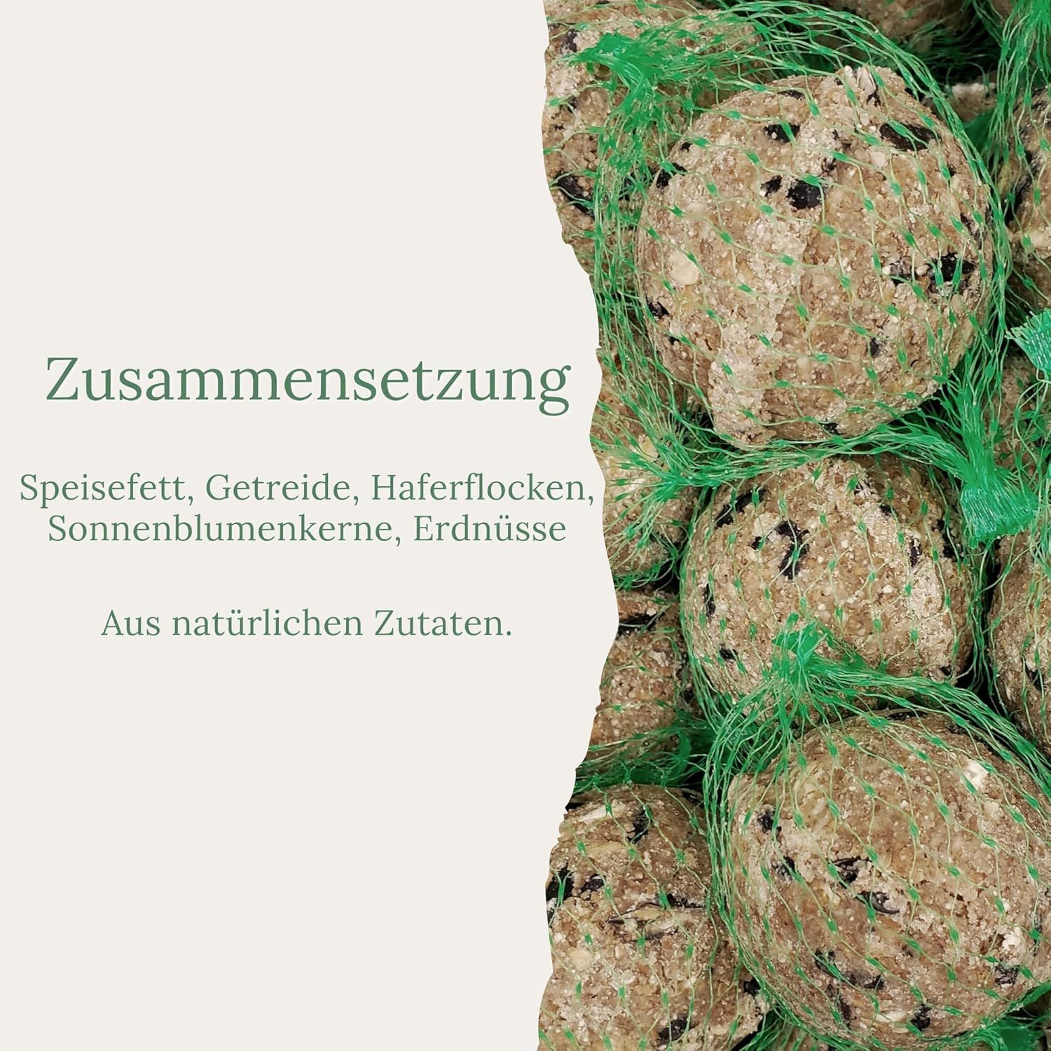 Mehrere Meisenknödel in grünen Netzen. Text: Zusammensetzung: Speisefett, Getreide, Haferflocken, Sonnenblumenkerne, Erdnüsse.