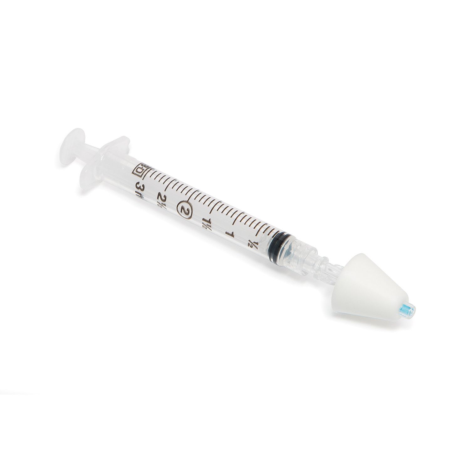 Transparente Spritze mit Skala bis 3 ml, verbunden mit einem weißen Nasenapplikator. Blaue Spitze am Applikator.