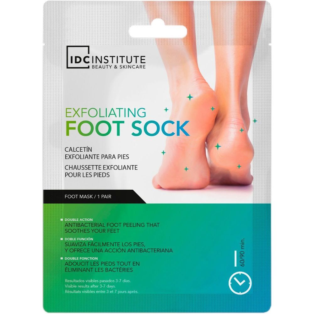 Fußmaske mit Produktabbildung. Aufschrift: Exfoliating Foot Sock. Hersteller: IDC Institute. Verpackung mit Füßen.