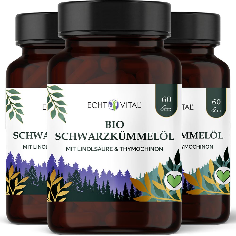 Drei Flaschen Echt Vital Bio Schwarzkümmelöl mit Linolsäure & Thymoquinone. Dunkle Glasflaschen mit schwarzen Deckeln und Etiketten.