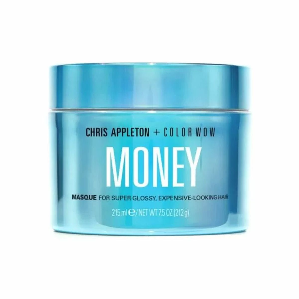 Hellblaue Dose mit "MONEY"-Aufschrift, eine Haarkur für glänzendes Haar.