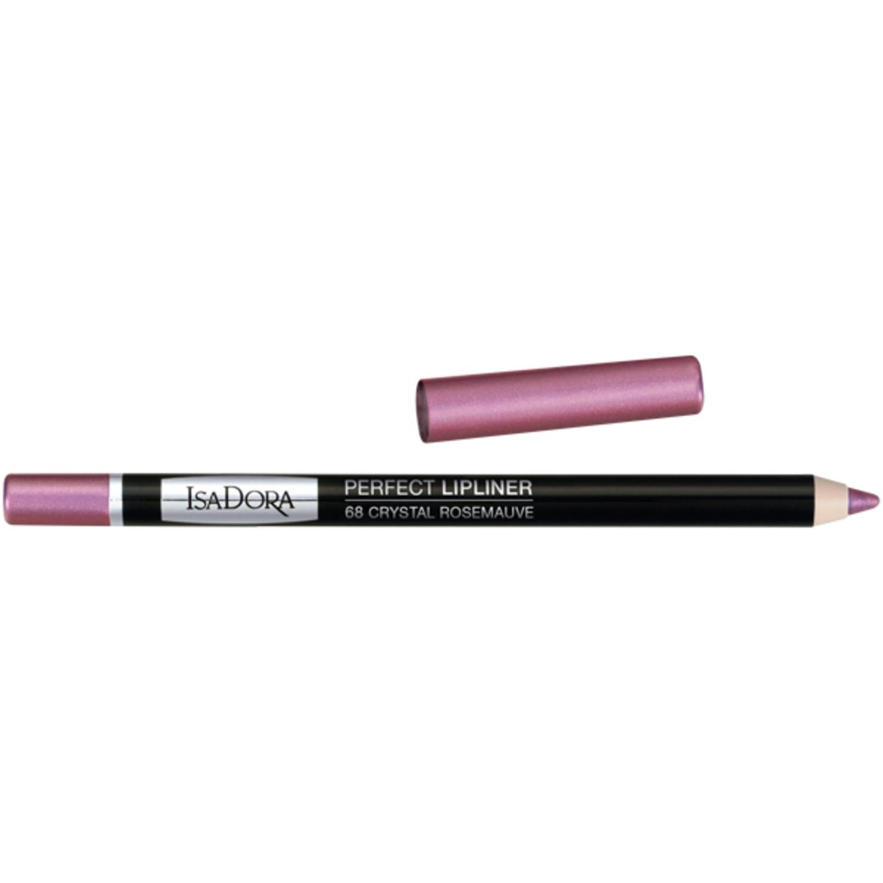 IsaDora Perfect Lipliner, Farbe Crystal Rosemauve. Schwarzer Stift mit rosafarbenem Deckel. Produktname und Marke auf dem Stift.