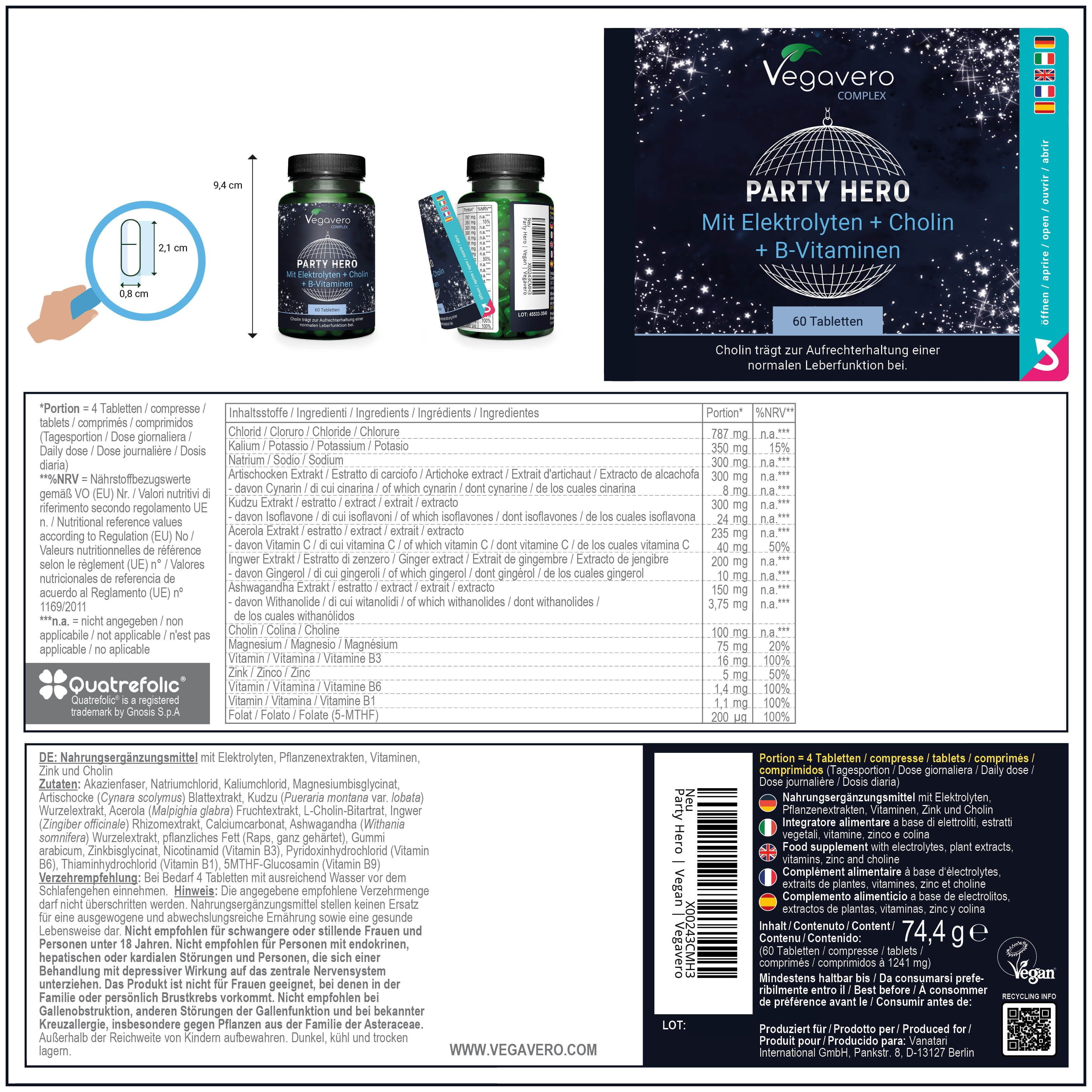 Produktabbildung: Vegavaro Party Hero Tablettenflasche, Beipackzettel, Produktinformationen. Maße: 9,8 x 5,1 cm. Text in Deutsch, Englisch, Französisch, Italienisch.