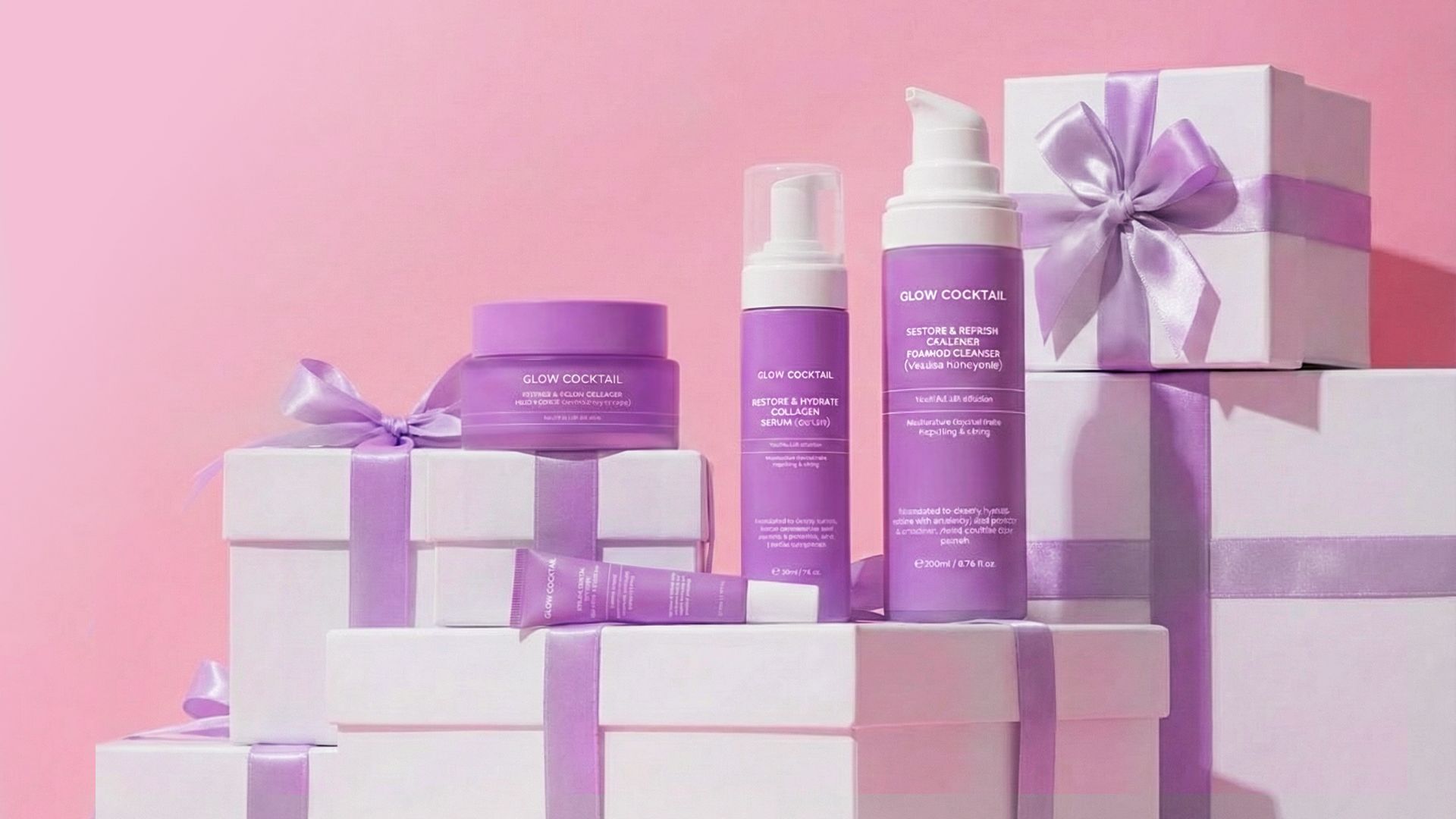 Glow Cocktail Hautpflege-Set auf Geschenkboxen. Das Set enthält Reinigungsschaum, Serum, Augencreme und Feuchtigkeitscreme. Lila Schleifen.